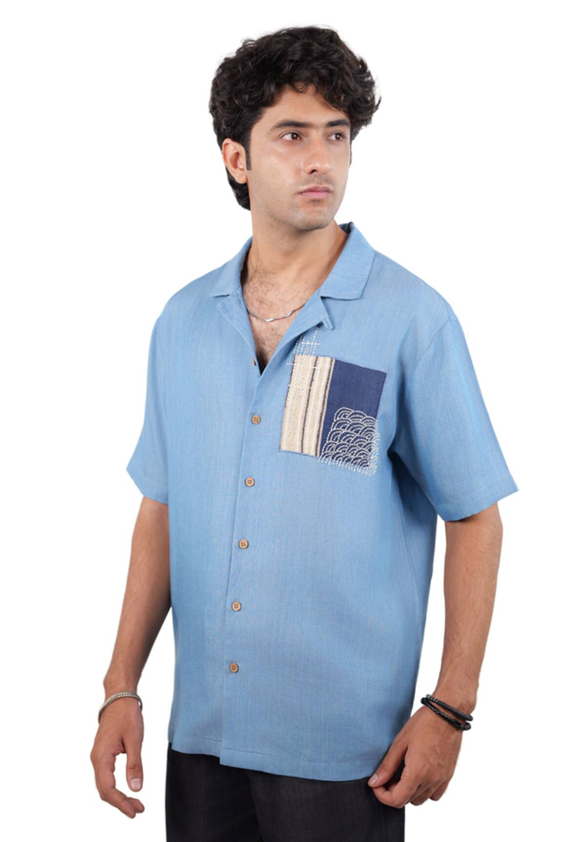 Raw & Rustic By Niti Bothra Light Blue Denim Abstract Kantha Patchwork Shirt 