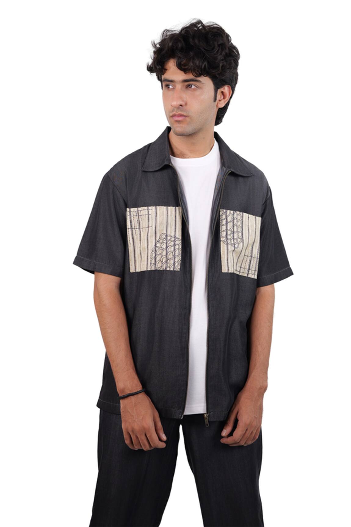 Raw & Rustic By Niti Bothra Black Denim Cloud Zipper Patchwork Shirt 
