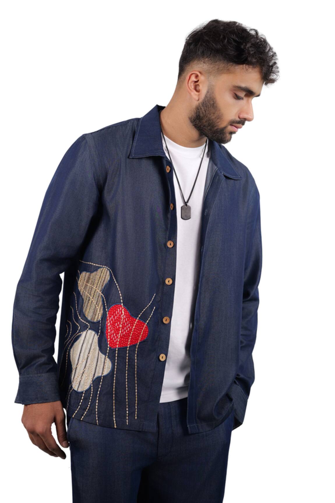 Raw & Rustic By Niti Bothra Dark Blue Denim Rust Panel  Patchwork Shacket 
