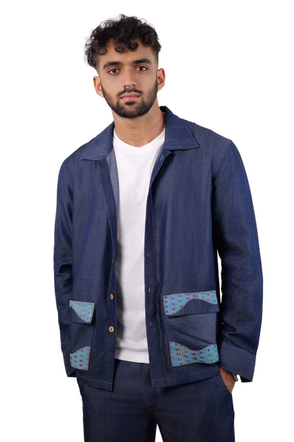 Raw & Rustic By Niti Bothra Dark Blue Denim River Flow Patchwork Shacket 