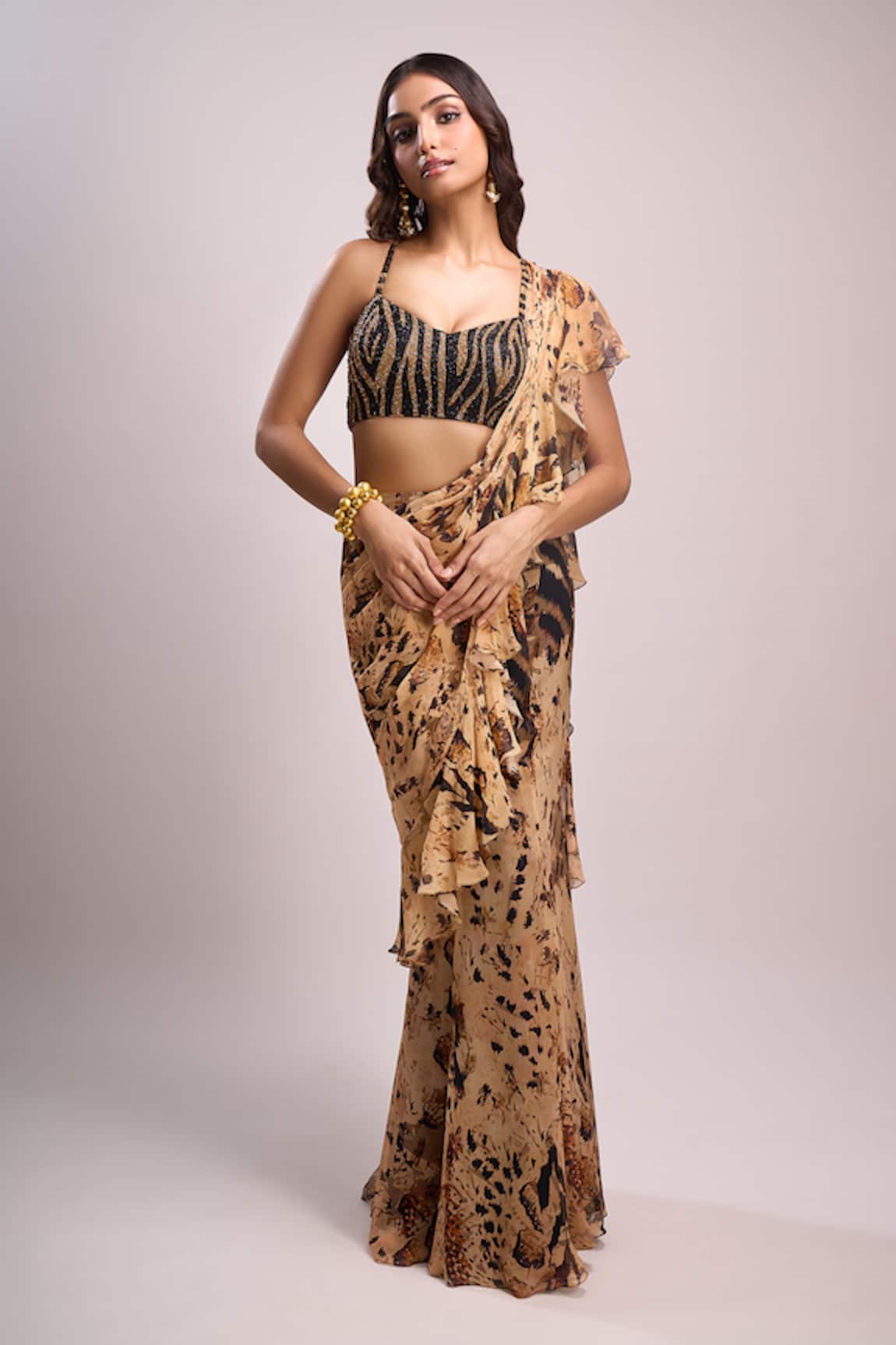 Aza X Shilpa Shetty Kundra Animal Print Pre-Draped Saree With Blouse 