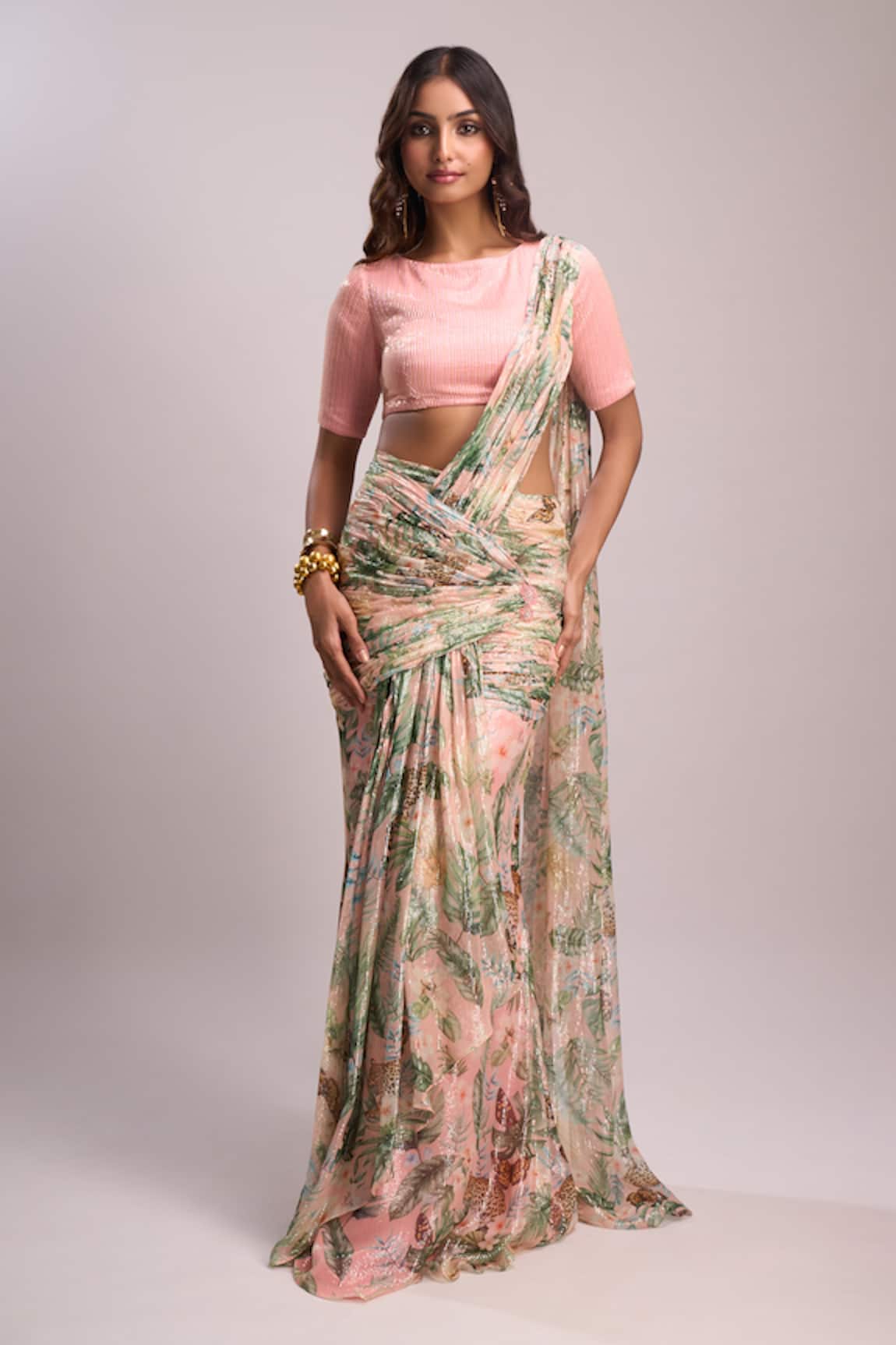 Aza X Shilpa Shetty Kundra Leafy Print Pre-Draped Saree With Blouse 