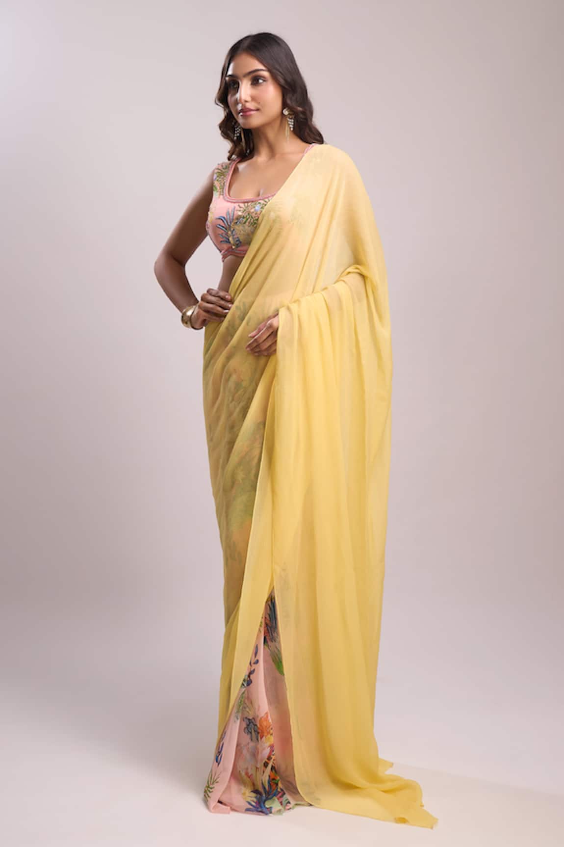 Aza X Shilpa Shetty Kundra Botanic Print Pre-Draped Saree With Blouse 
