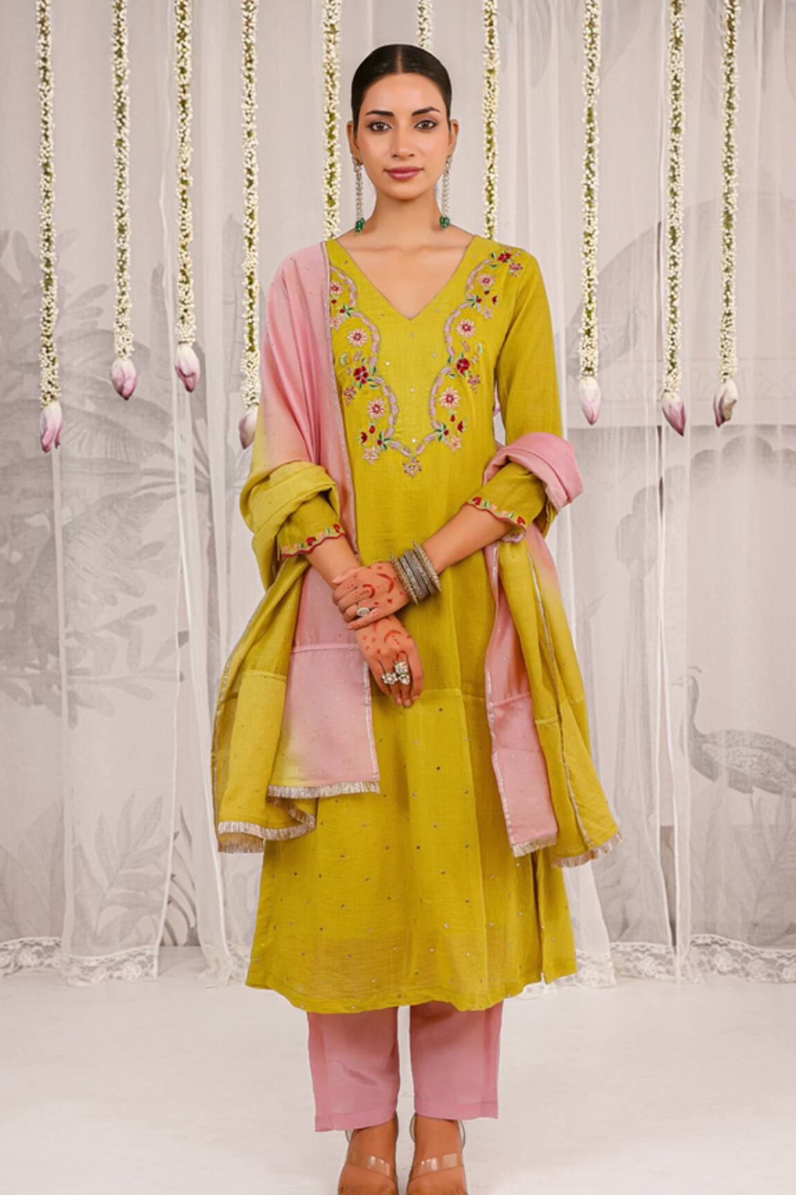 Myaara Chanderi Floral Embroidered Kurta Set