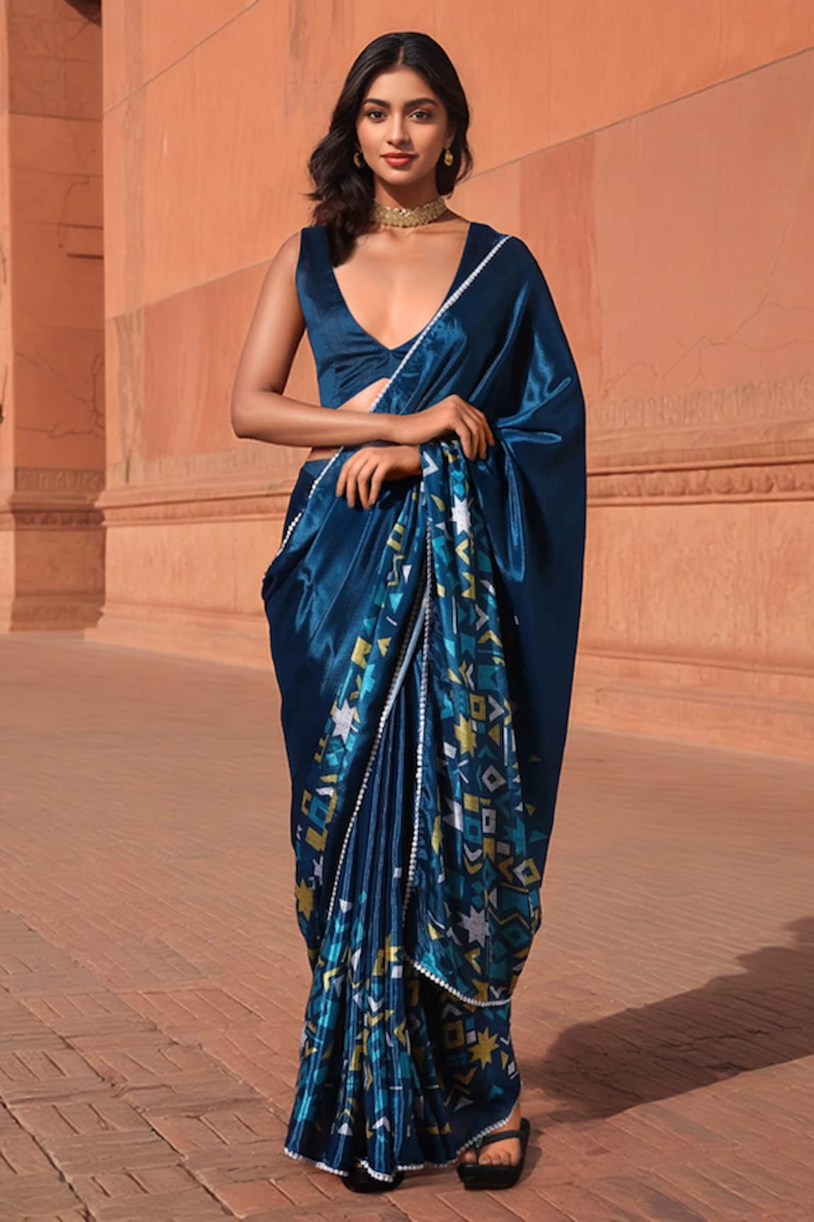 Naintara Bajaj Geometric Print Pre-Draped Saree With Blouse 