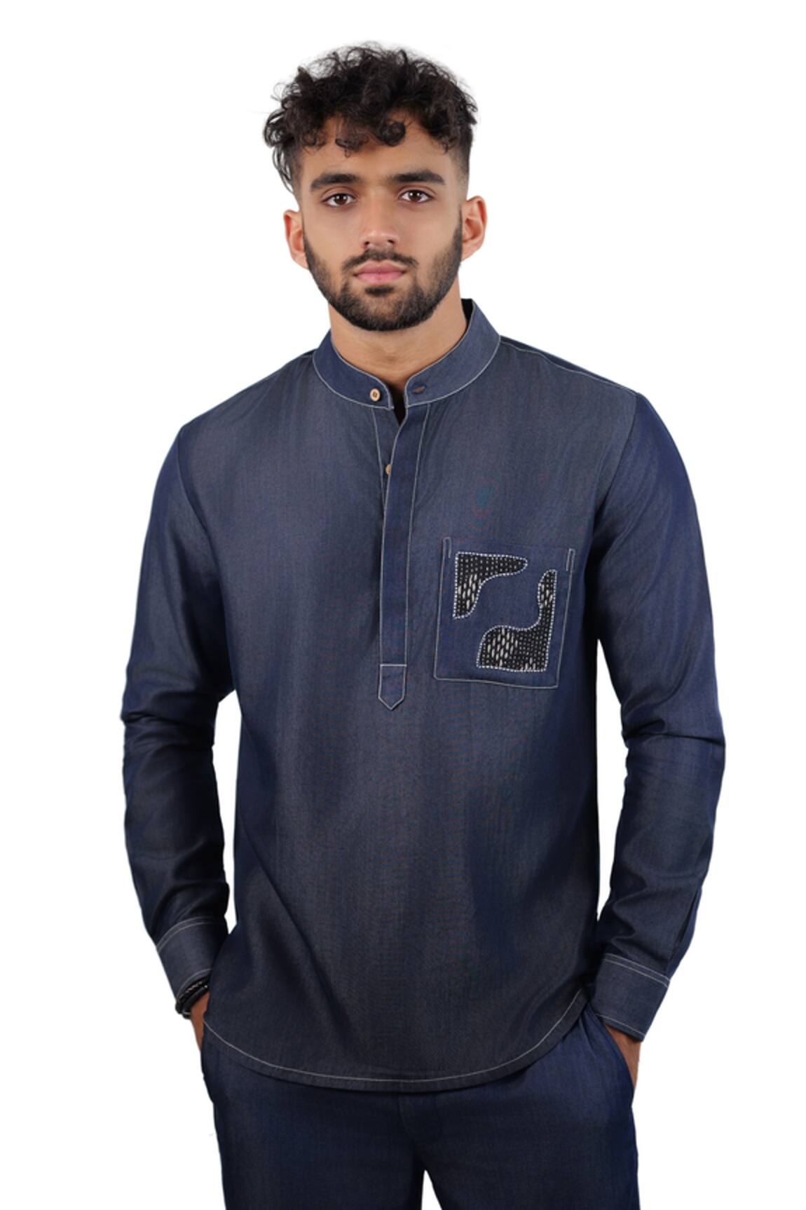 Raw & Rustic By Niti Bothra Dark Blue Denim Kantha Pocket Patchwork Kurta Shirt 