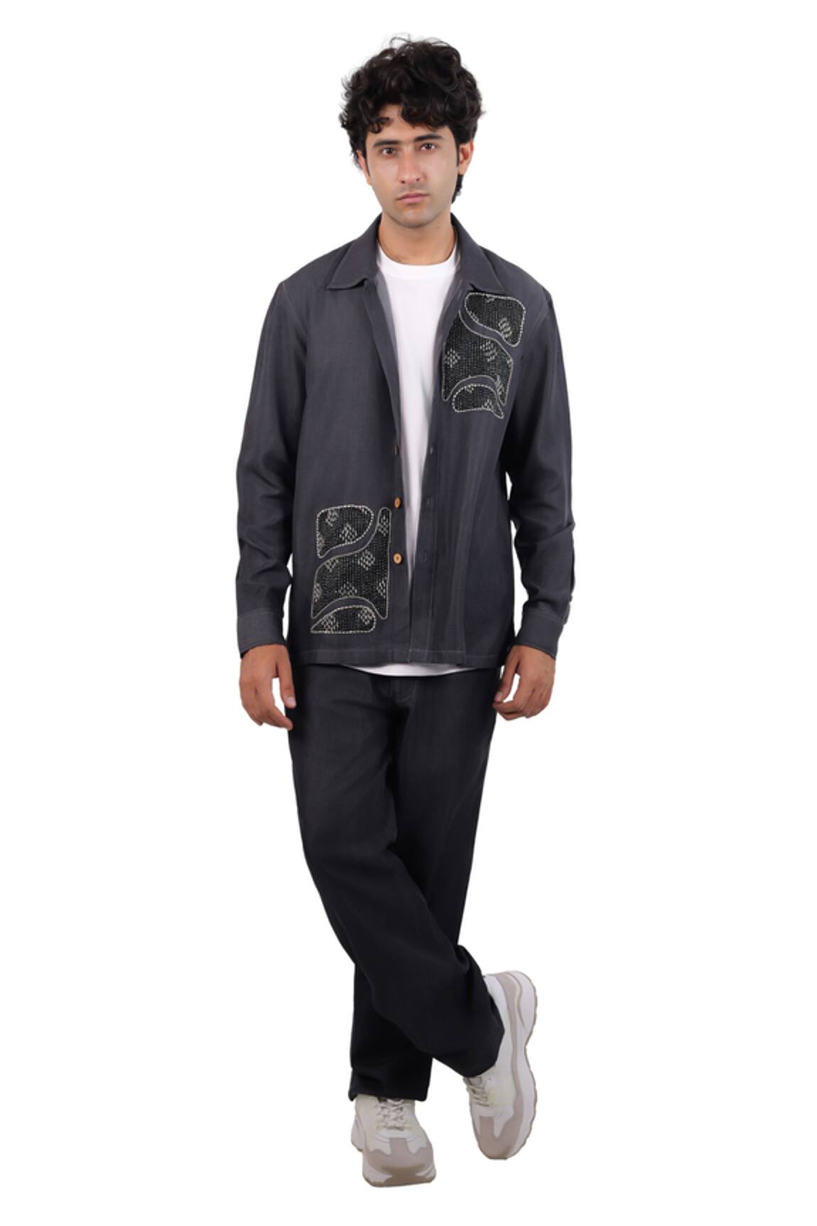 Raw & Rustic By Niti Bothra Black Denim Kantha Patchwork Shacket 