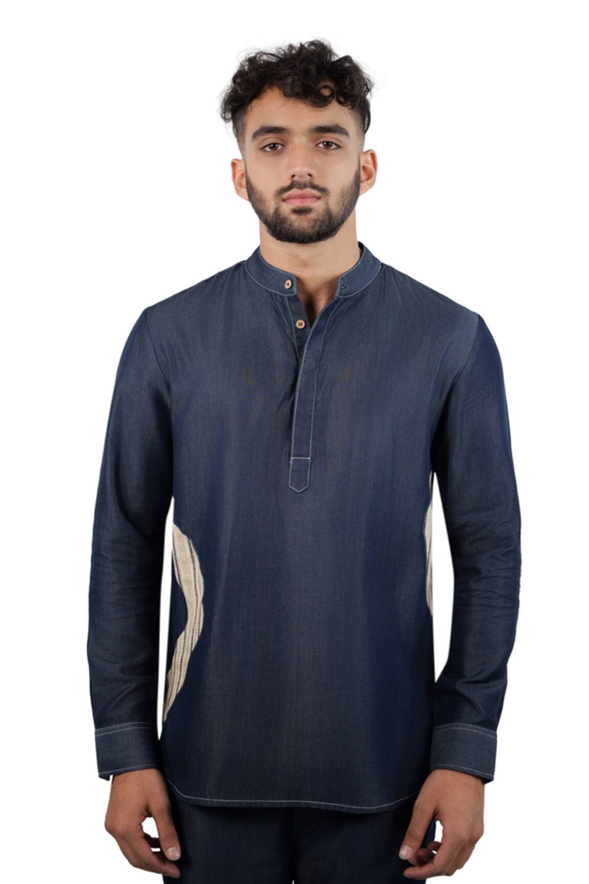 Raw & Rustic By Niti Bothra Dark Blue Denim Asymmetric Patchwork Kurta Shirt 