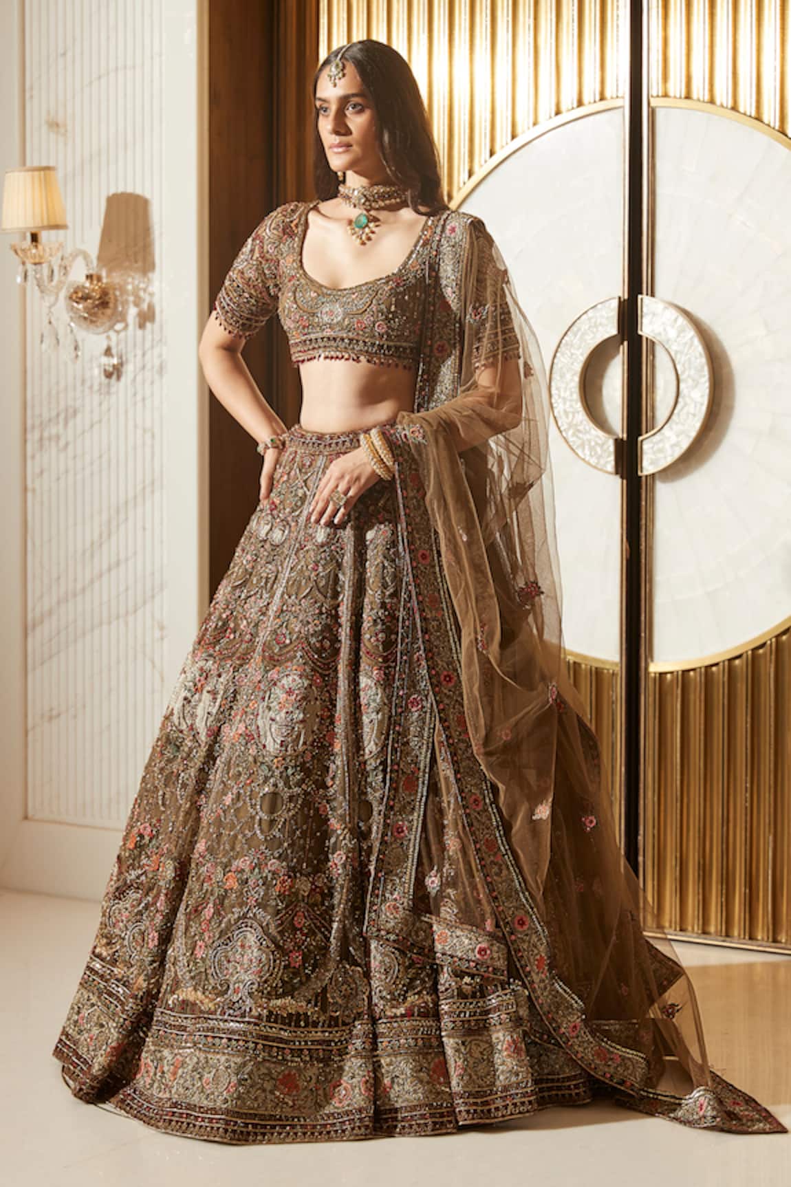 Roqa Reehana Olive Green Embroidered Bridal Lehenga Set 
