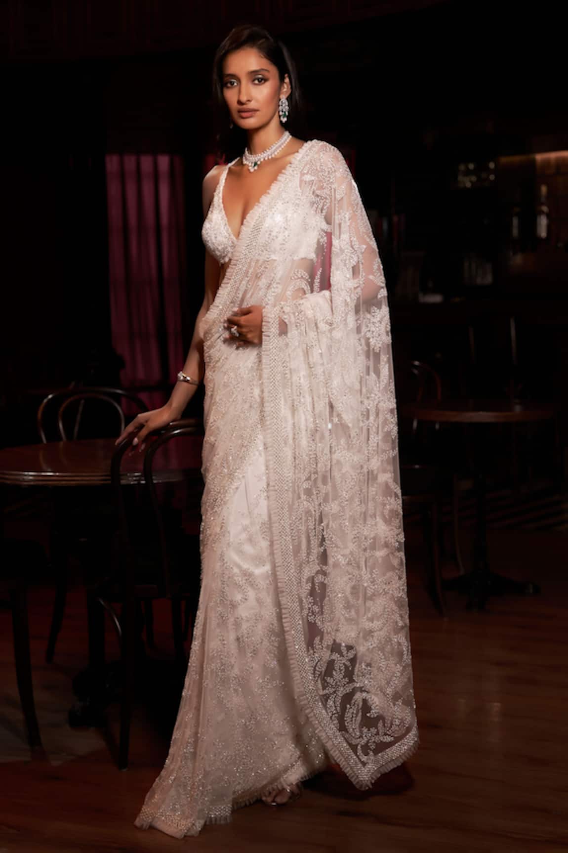 Seema Gujral Ivory Pearl Saree With Blouse