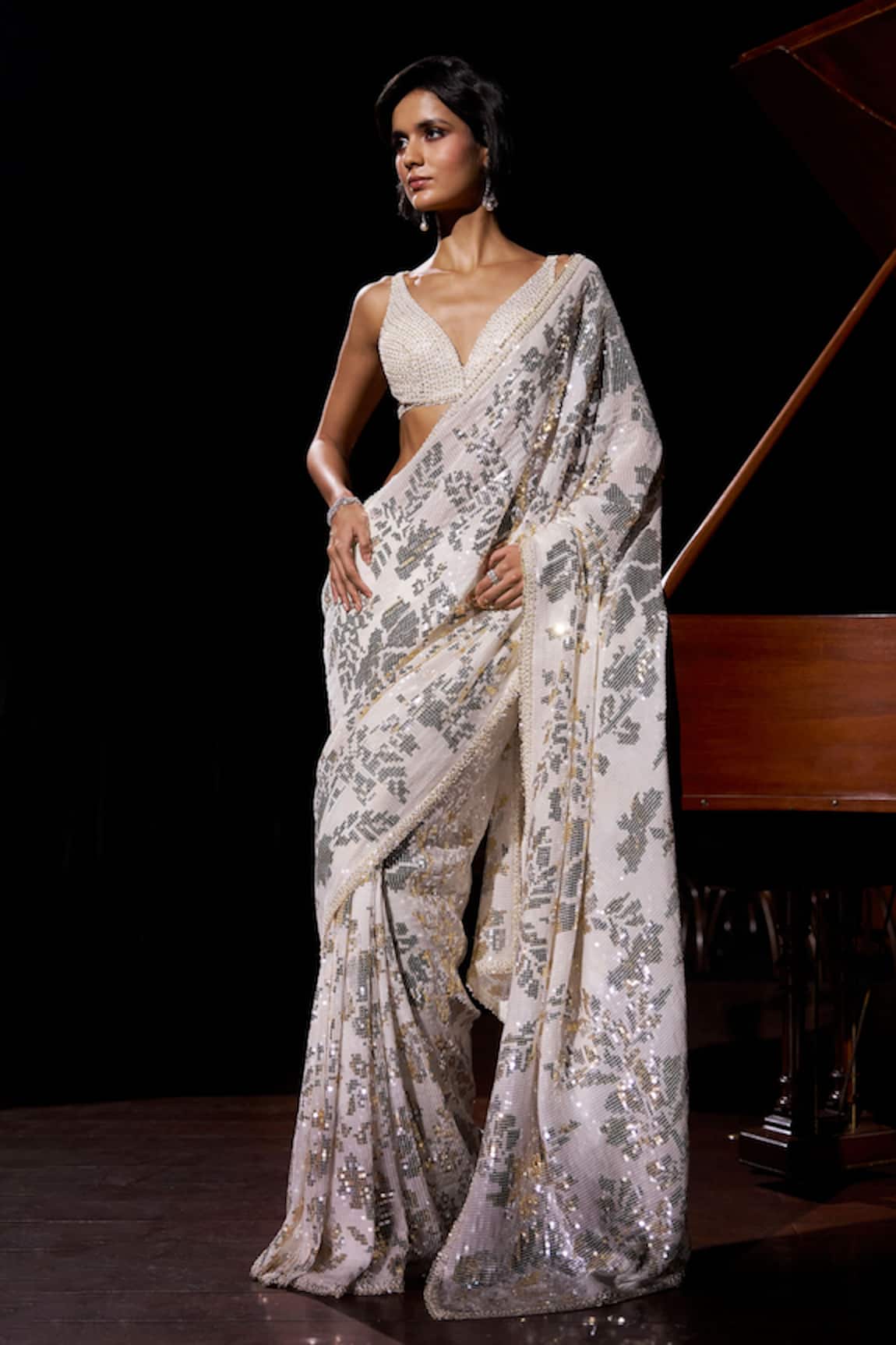 Seema Gujral Gold Silver Sequin Work Saree With Blouse