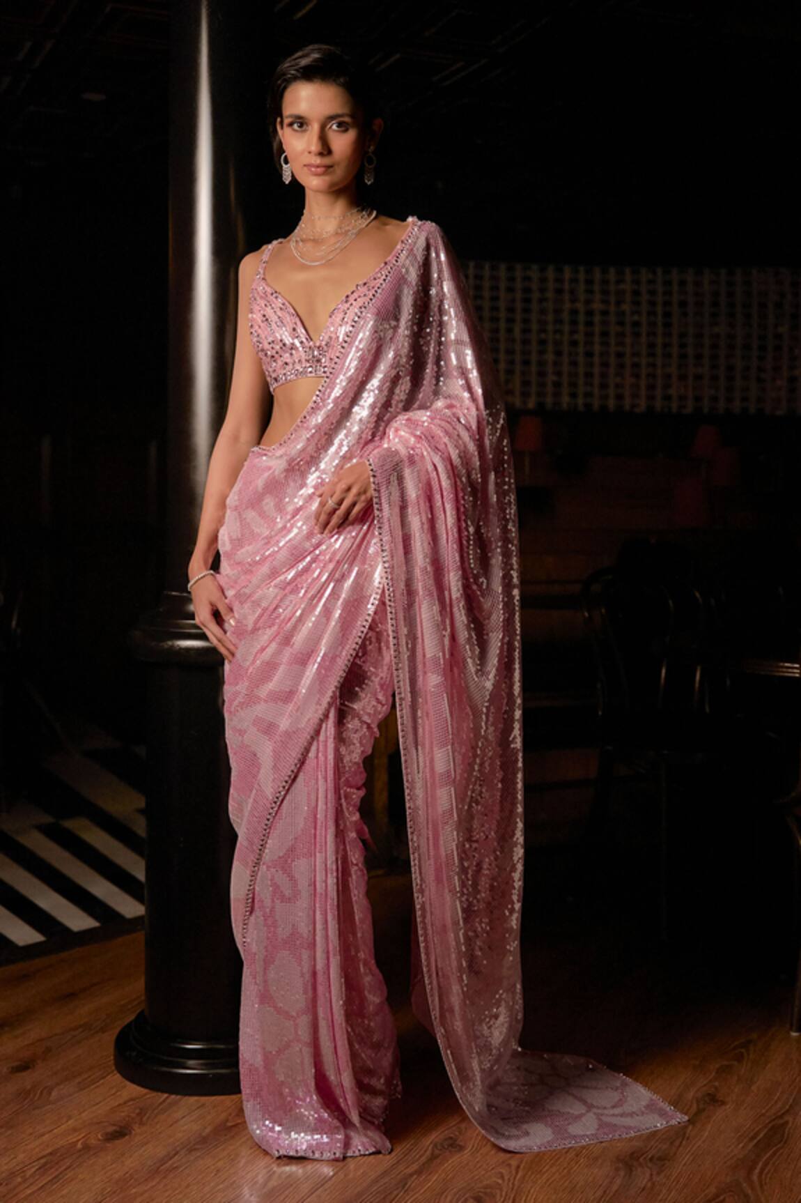 Seema Gujral Pink Sequin Saree With Blouse