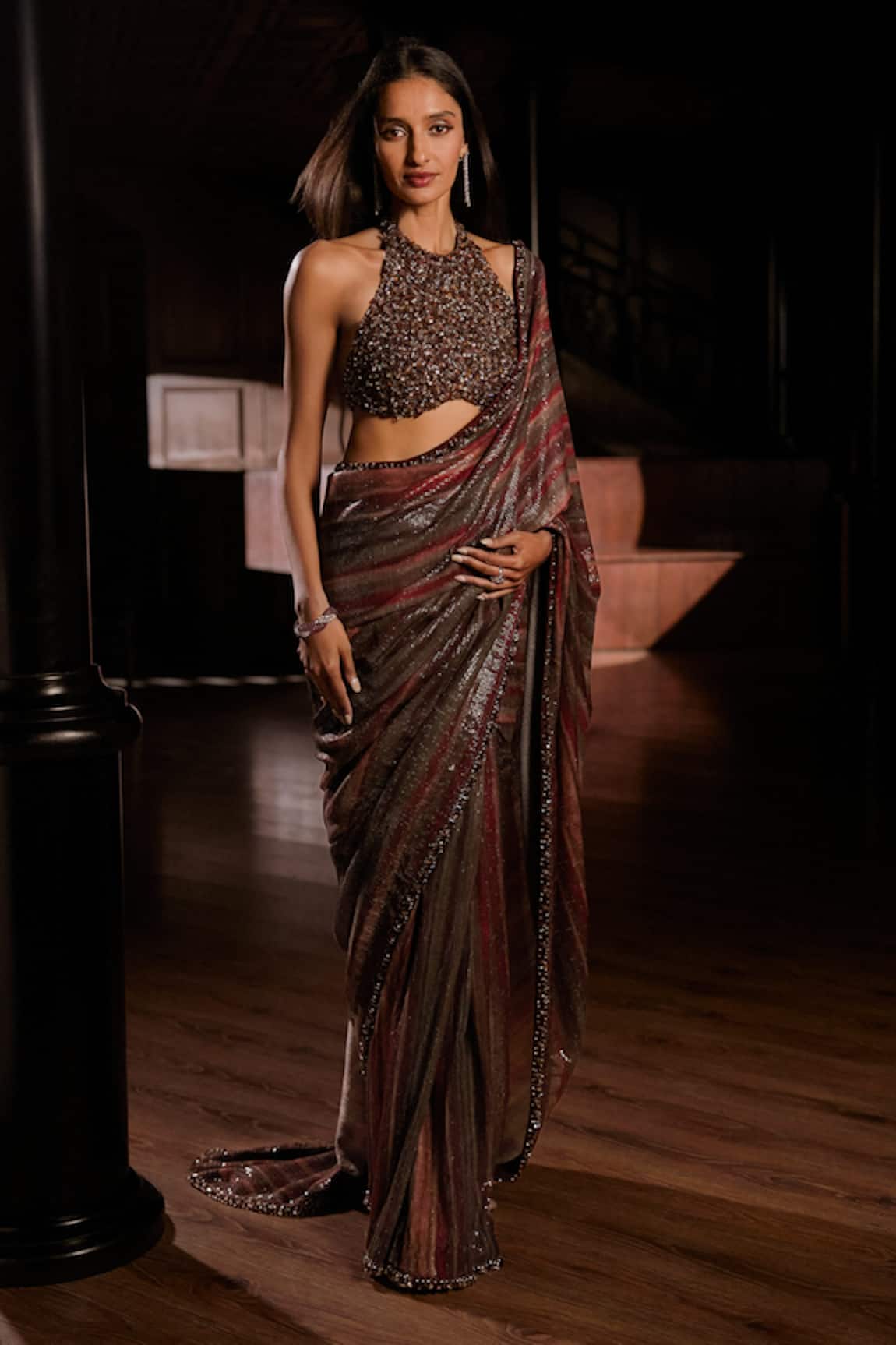 Seema Gujral Vintage Wine Sequin Work Saree With Blouse