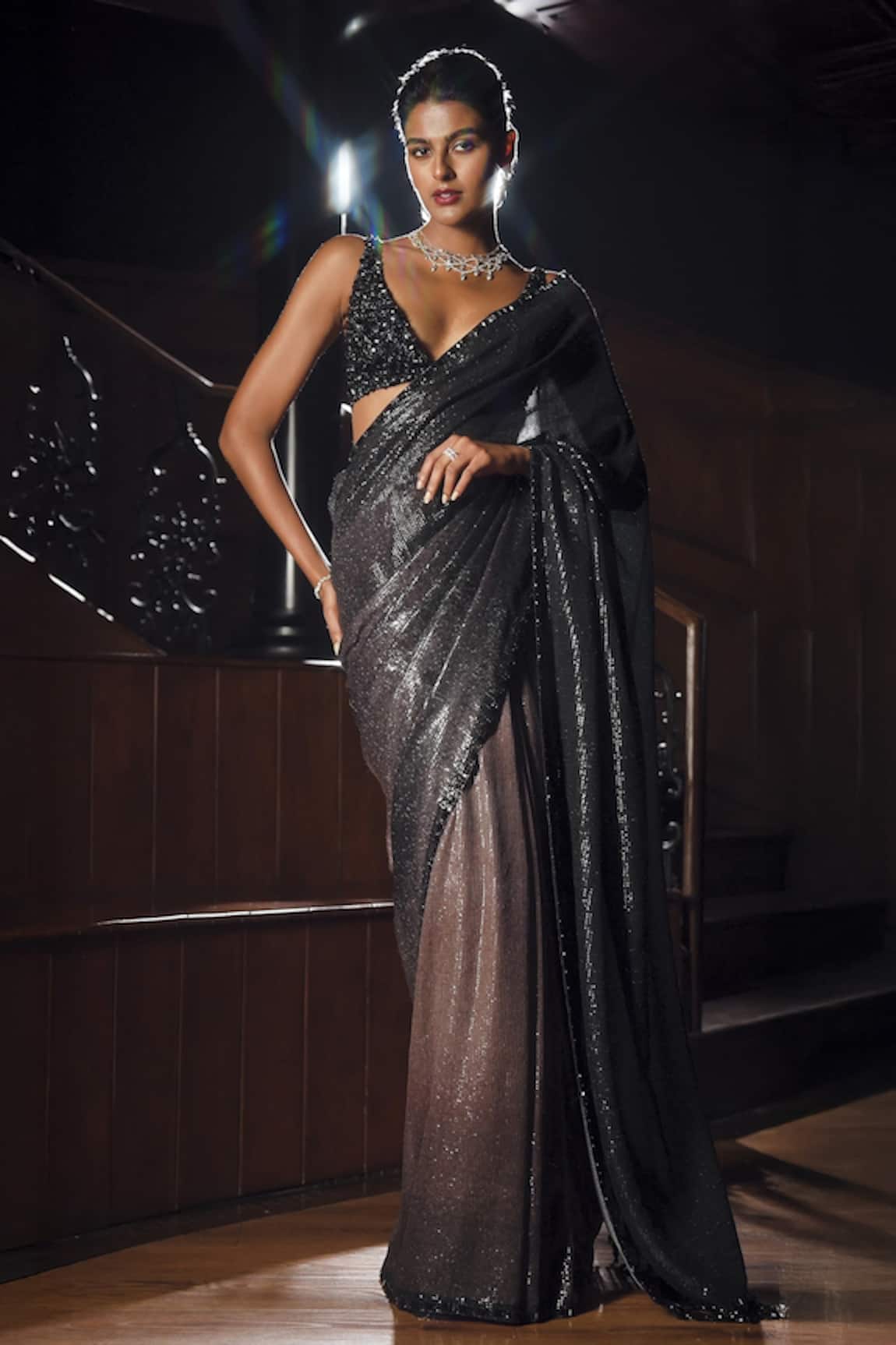 Seema Gujral Black Pre-Draped Georgette Saree With Blouse