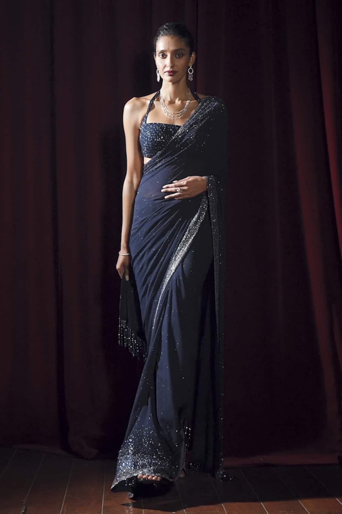 Seema Gujral Navy Blue Crystal Georgette Saree With Blouse