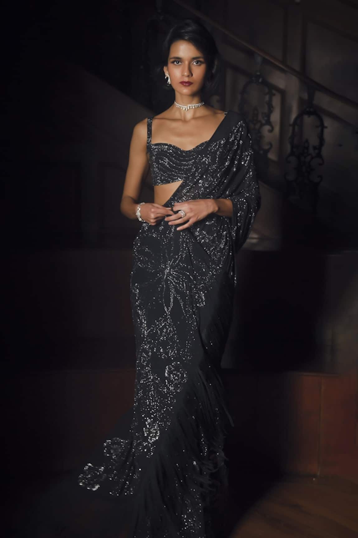 Seema Gujral Steel Blue Crystal Saree With Blouse