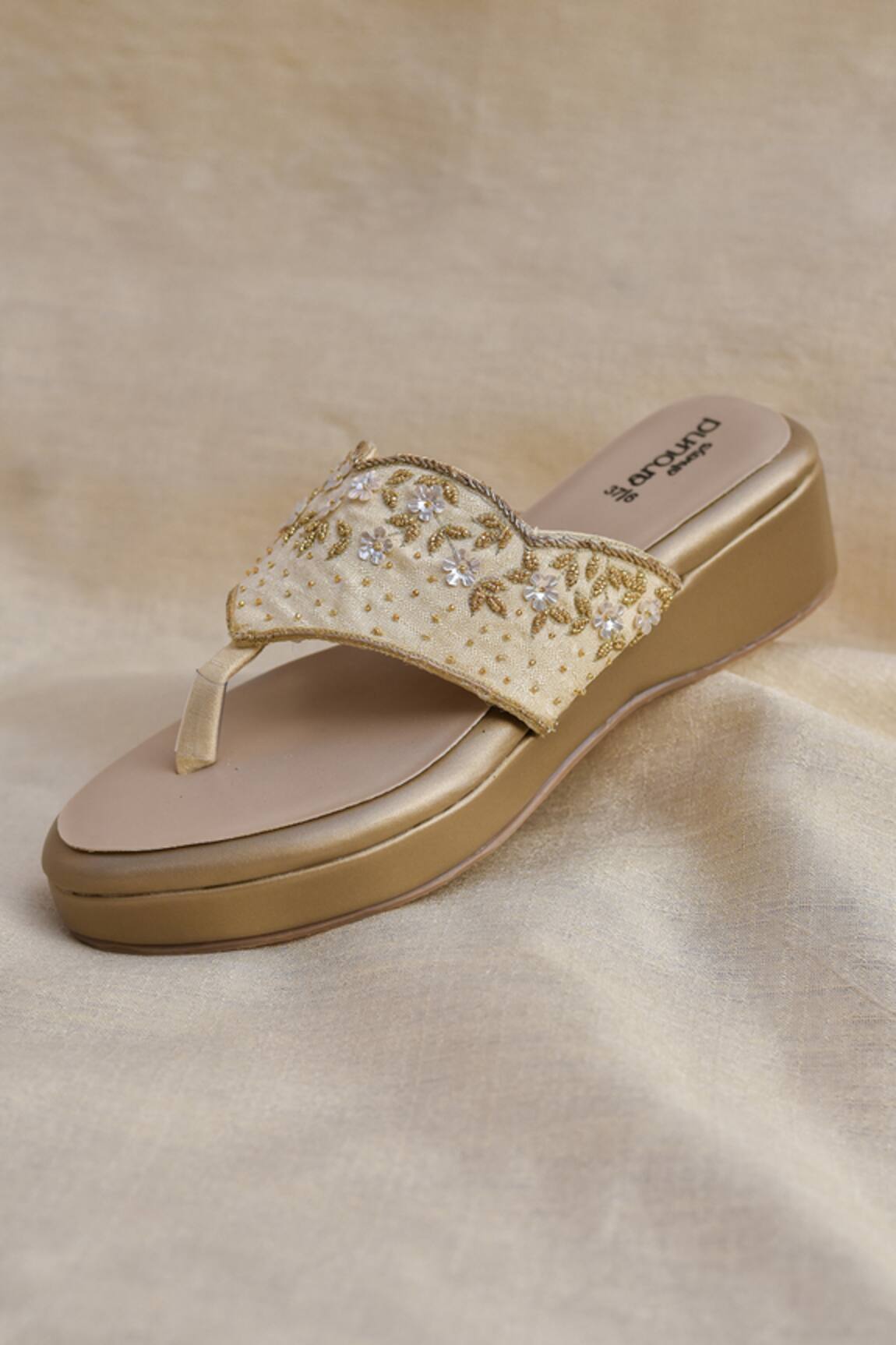 Around Always Juhi Sequin & Thread Floral Strap Wedge Slip-Ons 