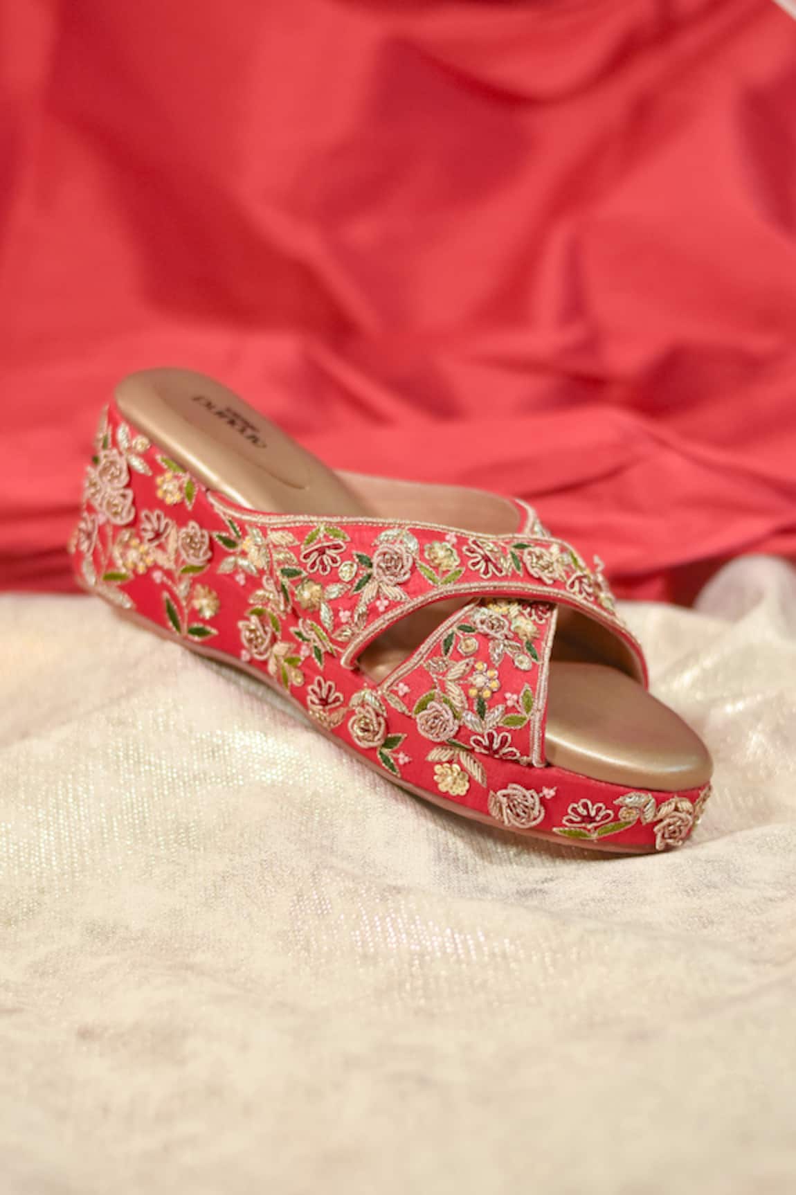 Around Always Keya red Floral Embroidered Crossover Strap Wedges 
