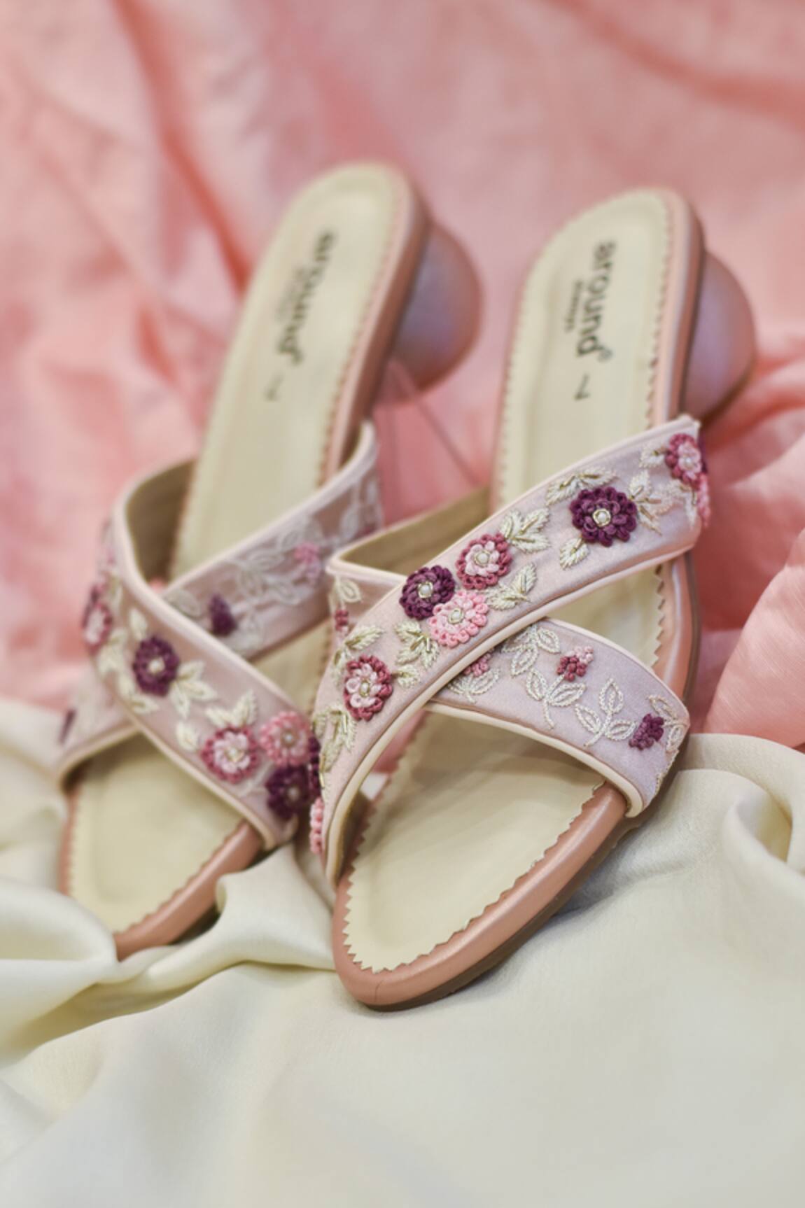 Around Always Kiran Floral Threadwork Crossover Strap Heels 