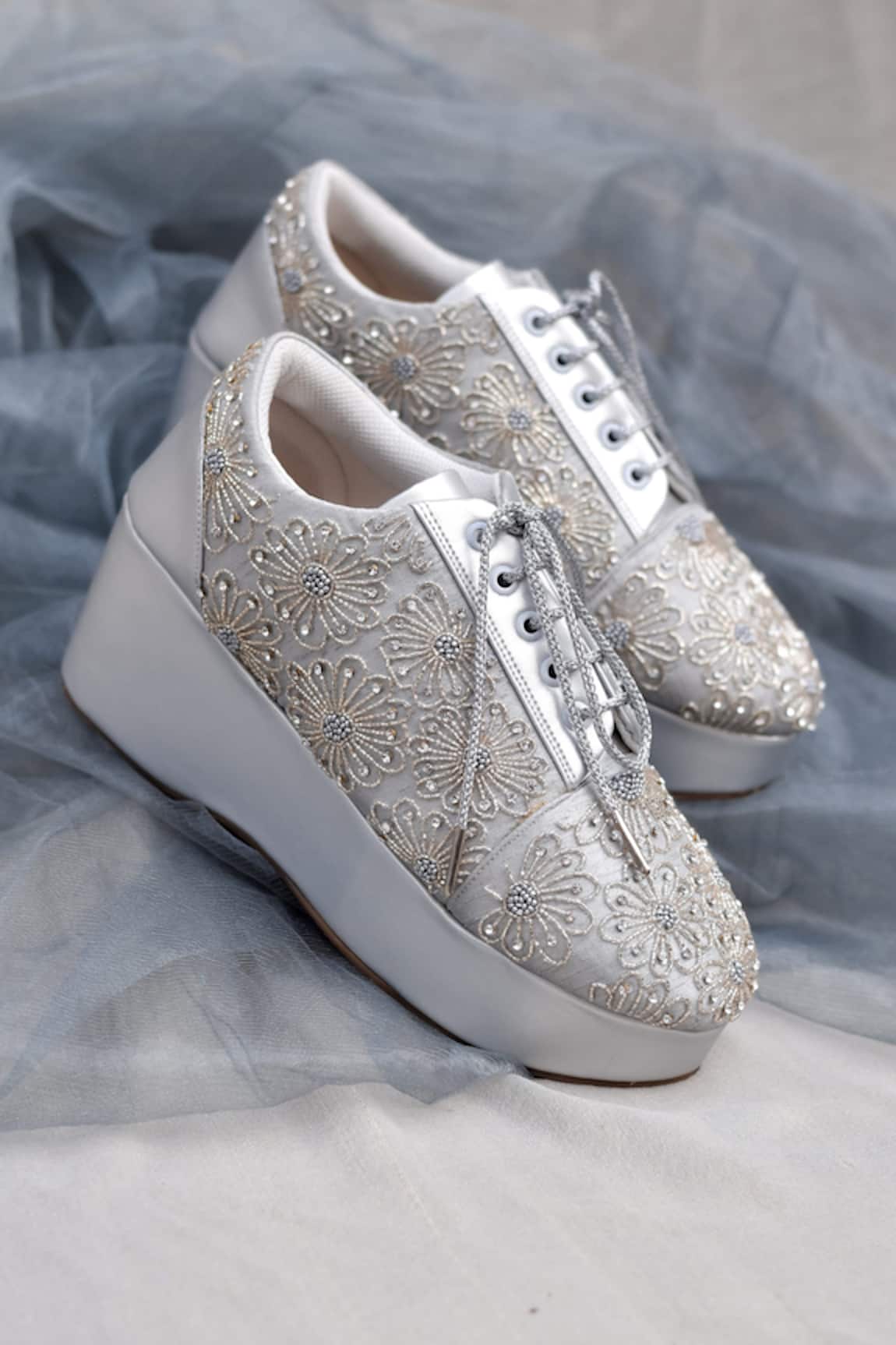 Around Always Moon Beaded Floral Motif Sneaker Wedges 