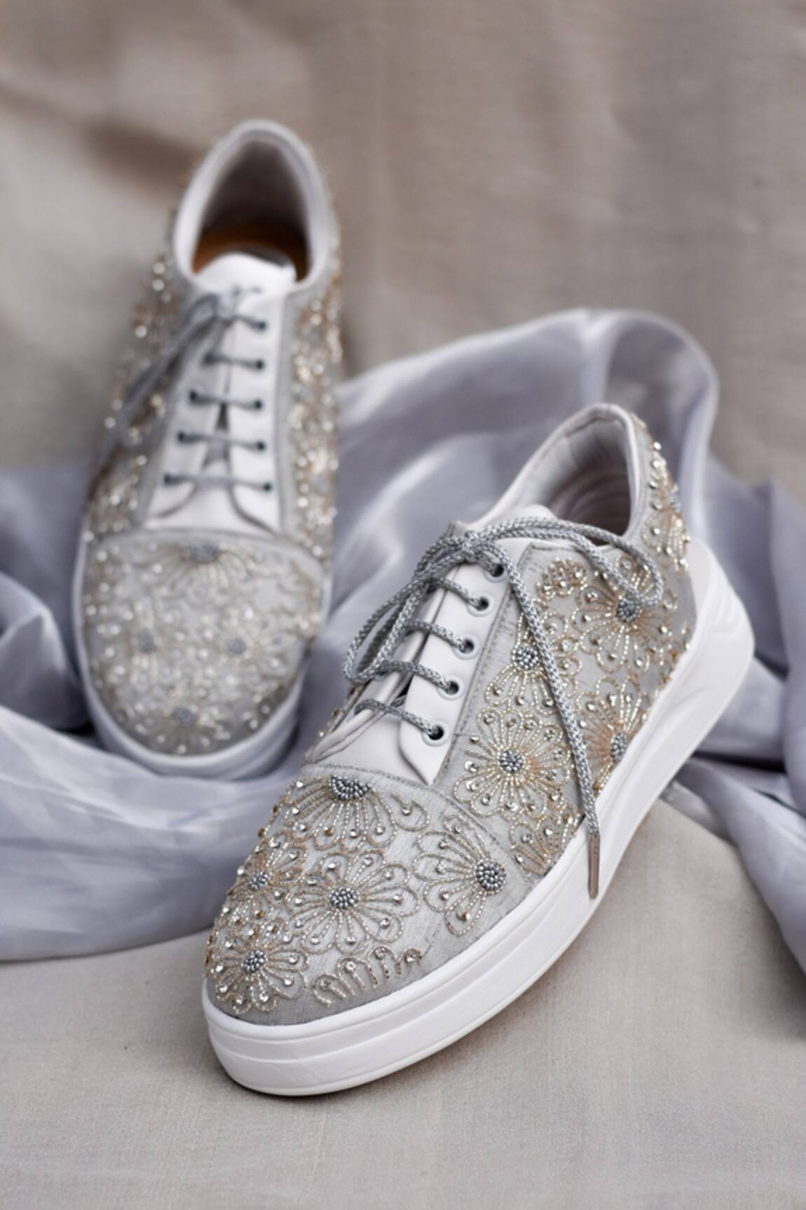 Around Always Moonflower Beaded Floral Motif Lace-Up Sneakers 