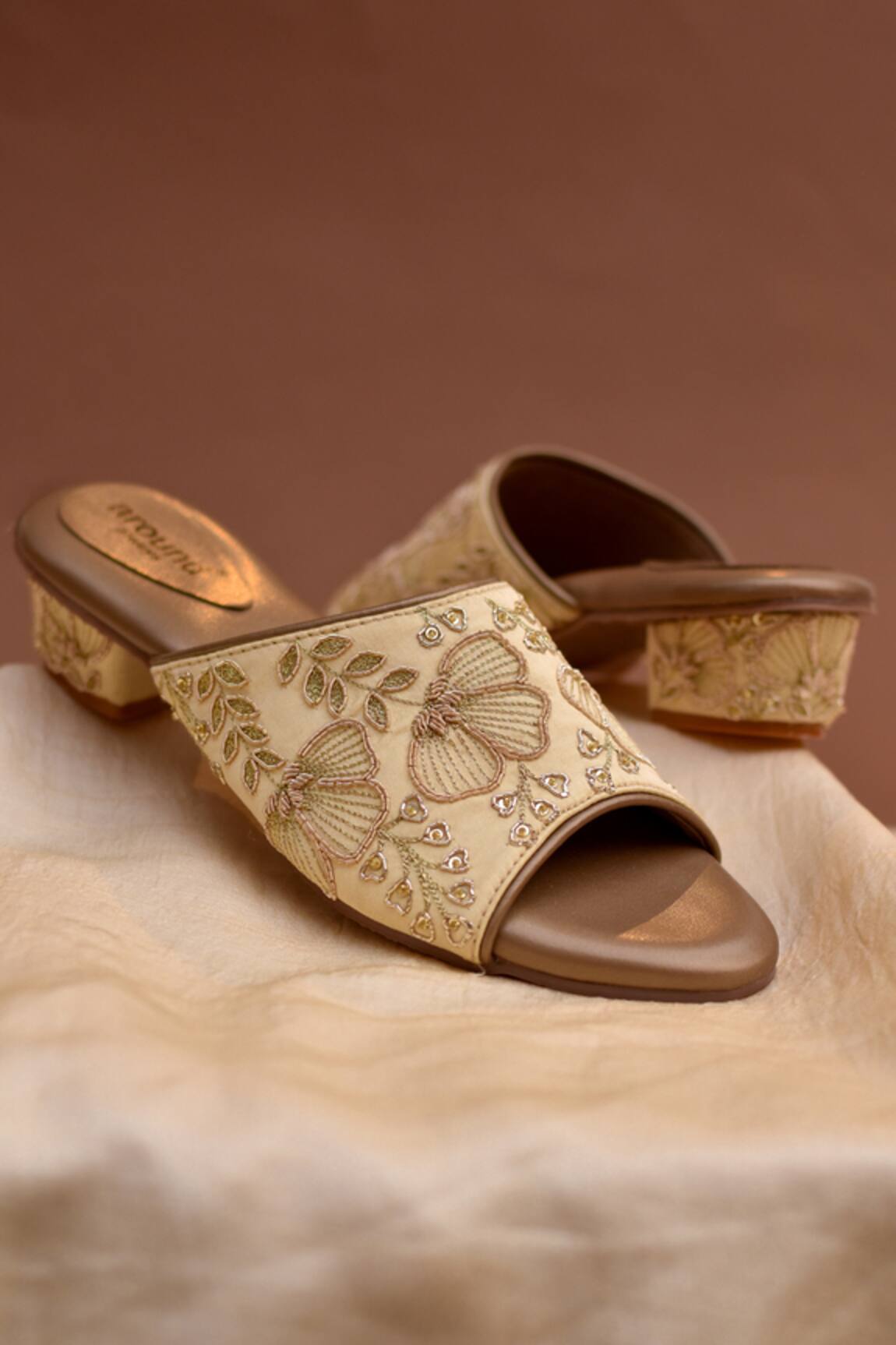 Around Always Peonies gold Floral Threadwork & Zardozi Heels 