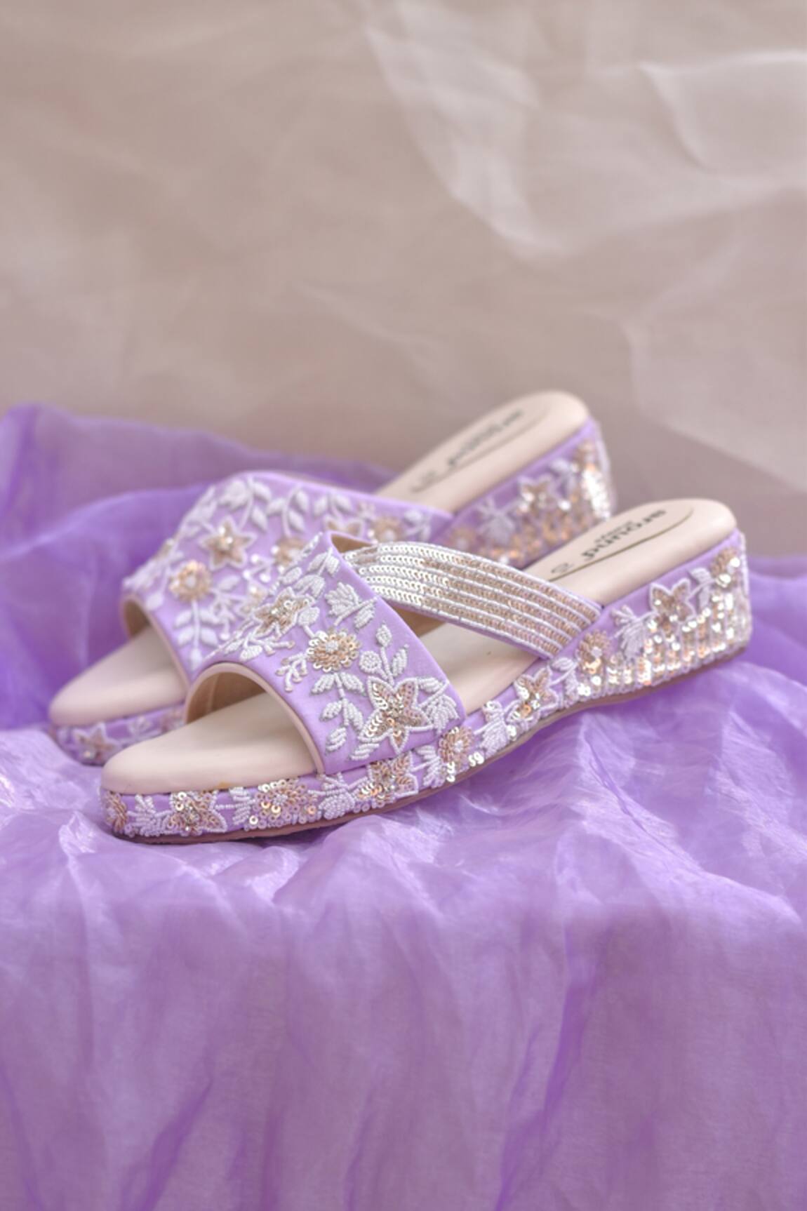 Around Always Savera lavender Floral Threadwork Sequin & Bead Wedges 