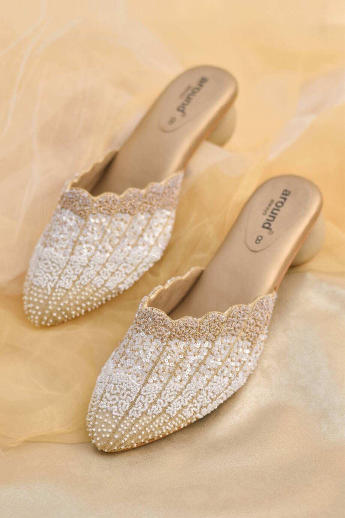 Around Always Symphony Golden & White Beaded Ombre Embroidered Heels 