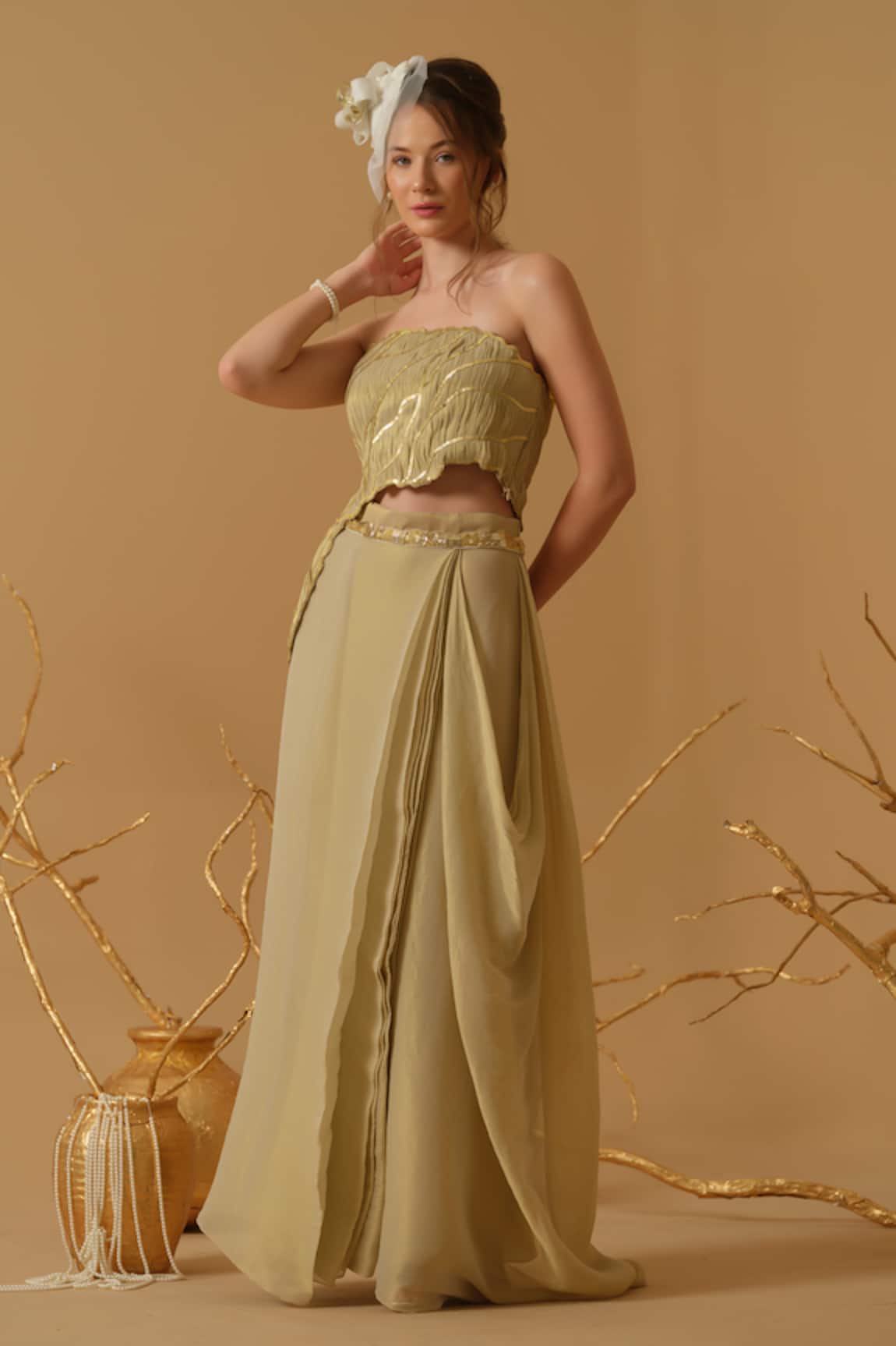 Abstract By Megha Jain Madaan Embellished Ruched Top With Draped Skirt 