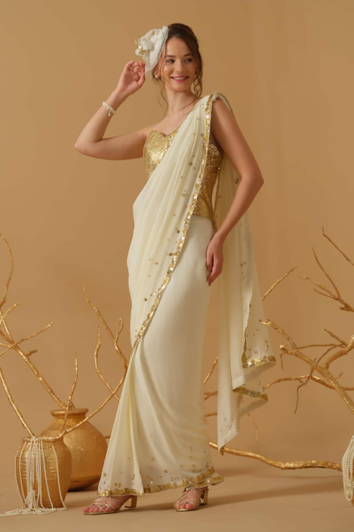Abstract By Megha Jain Madaan Pre-Draped Saree With Embellished Corset 