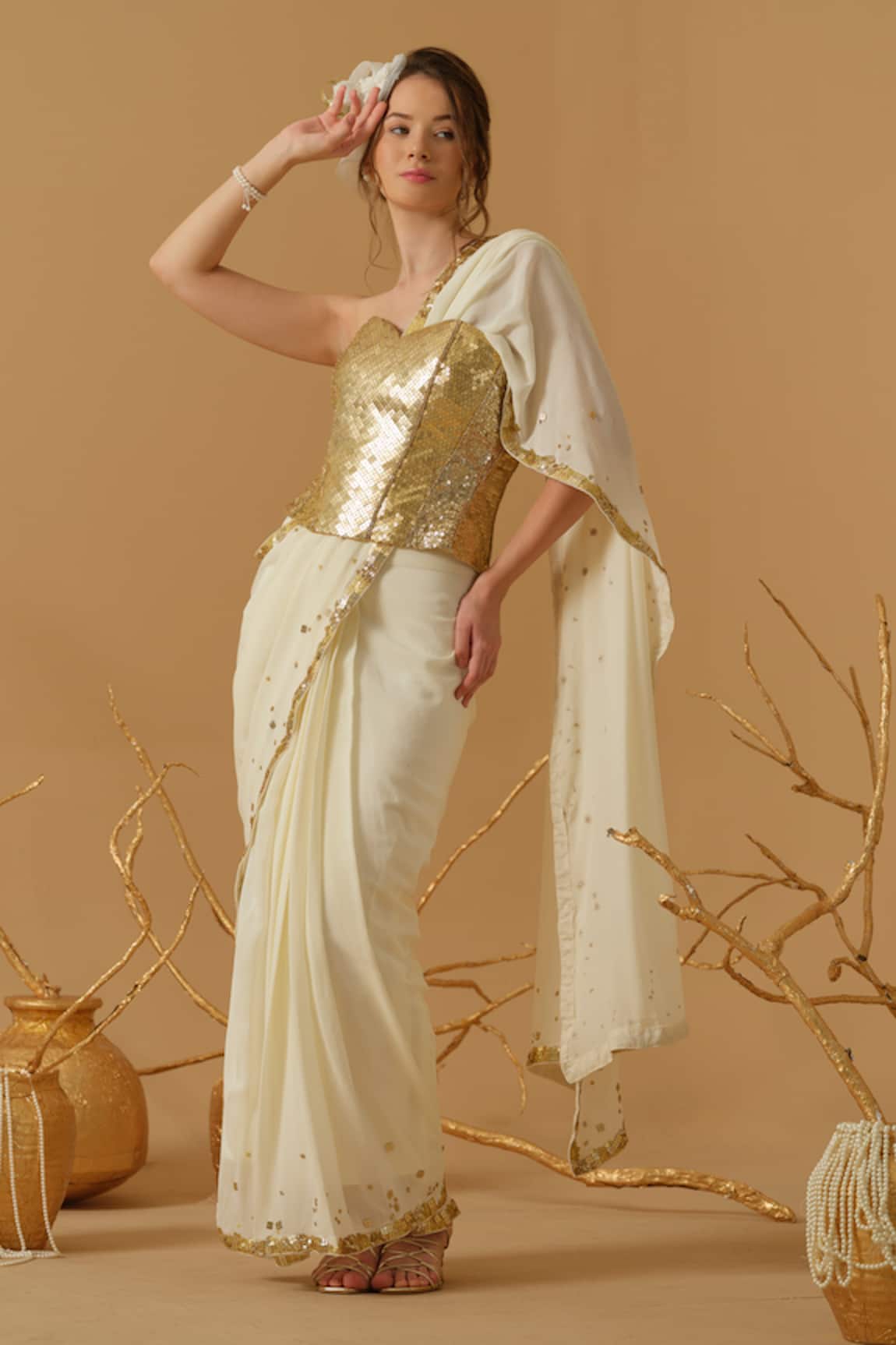 Abstract By Megha Jain Madaan Pre-Draped Saree With Embellished Corset 