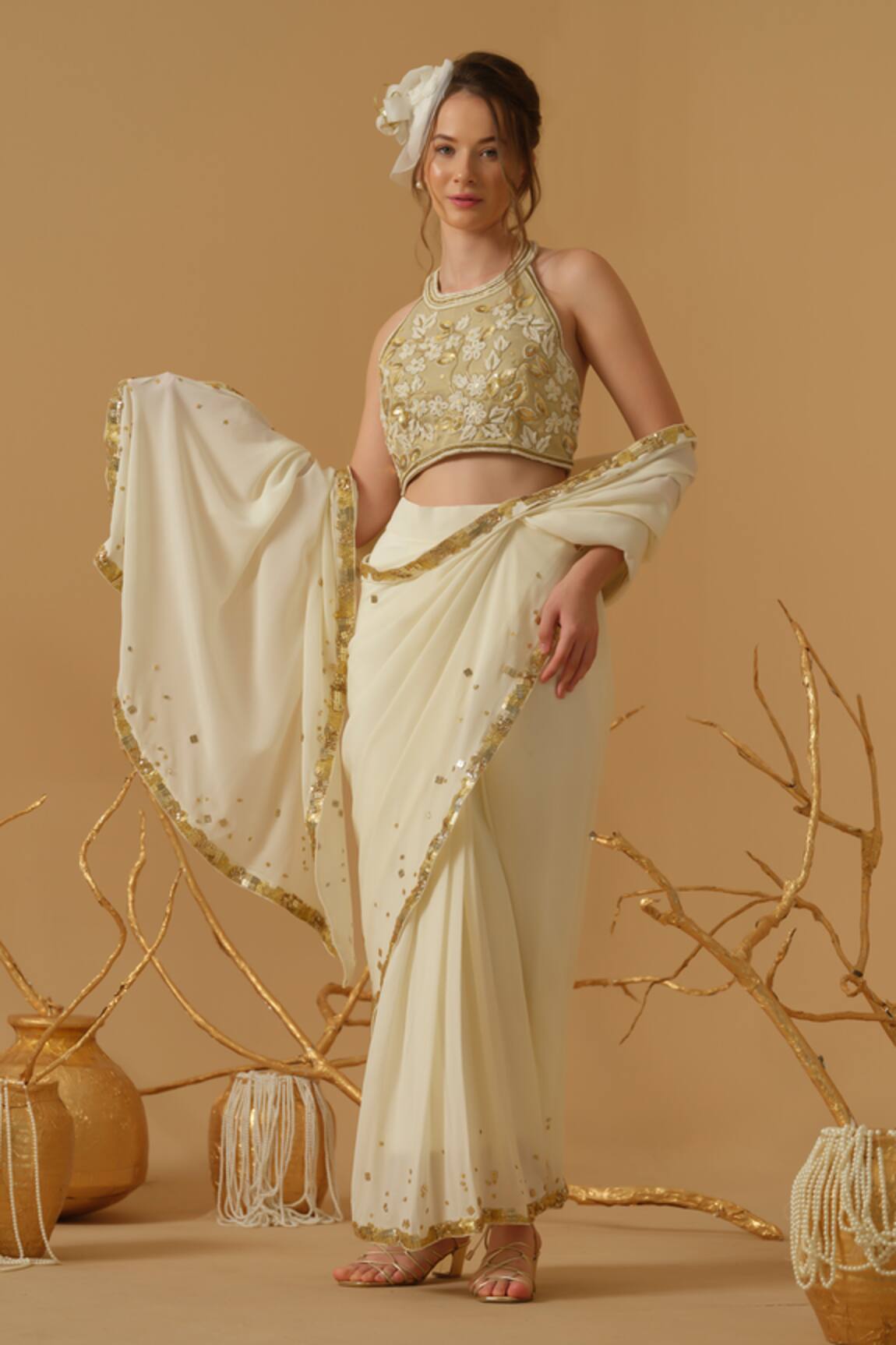 Abstract By Megha Jain Madaan Pre-Draped Saree With Embroidered Blouse 