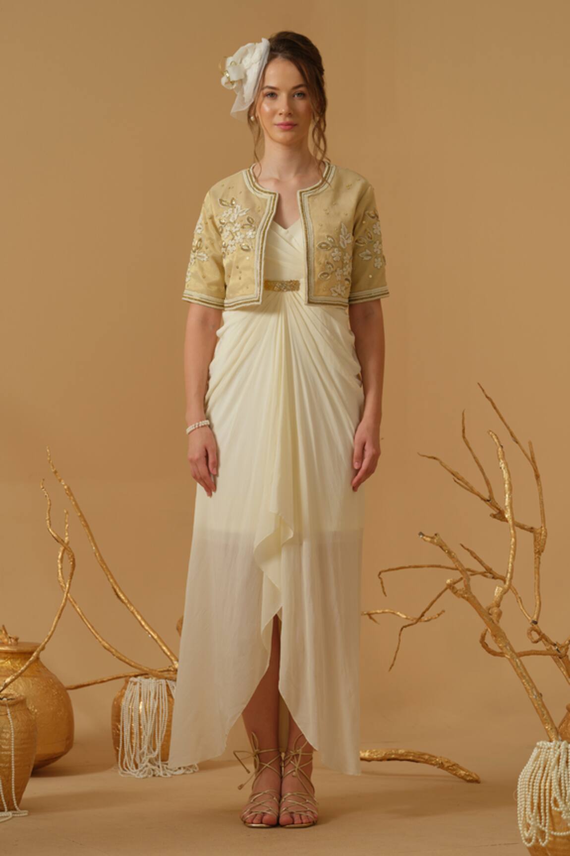 Abstract By Megha Jain Madaan Embroidered Jacket With Draped Dress 