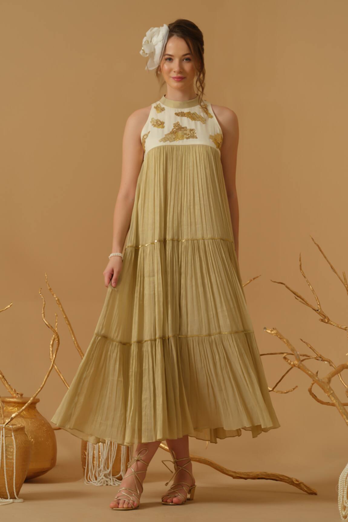 Abstract By Megha Jain Madaan Embellished Yoke Tiered Dress 