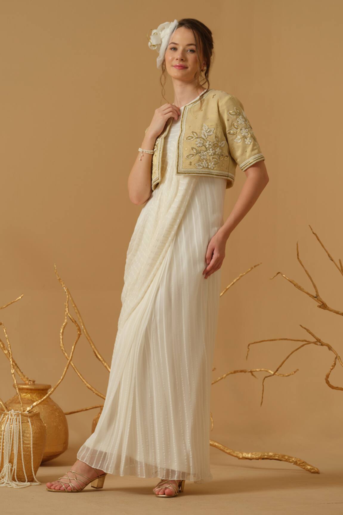 Abstract By Megha Jain Madaan Draped Saree Gown & Embroidered Jacket Set 