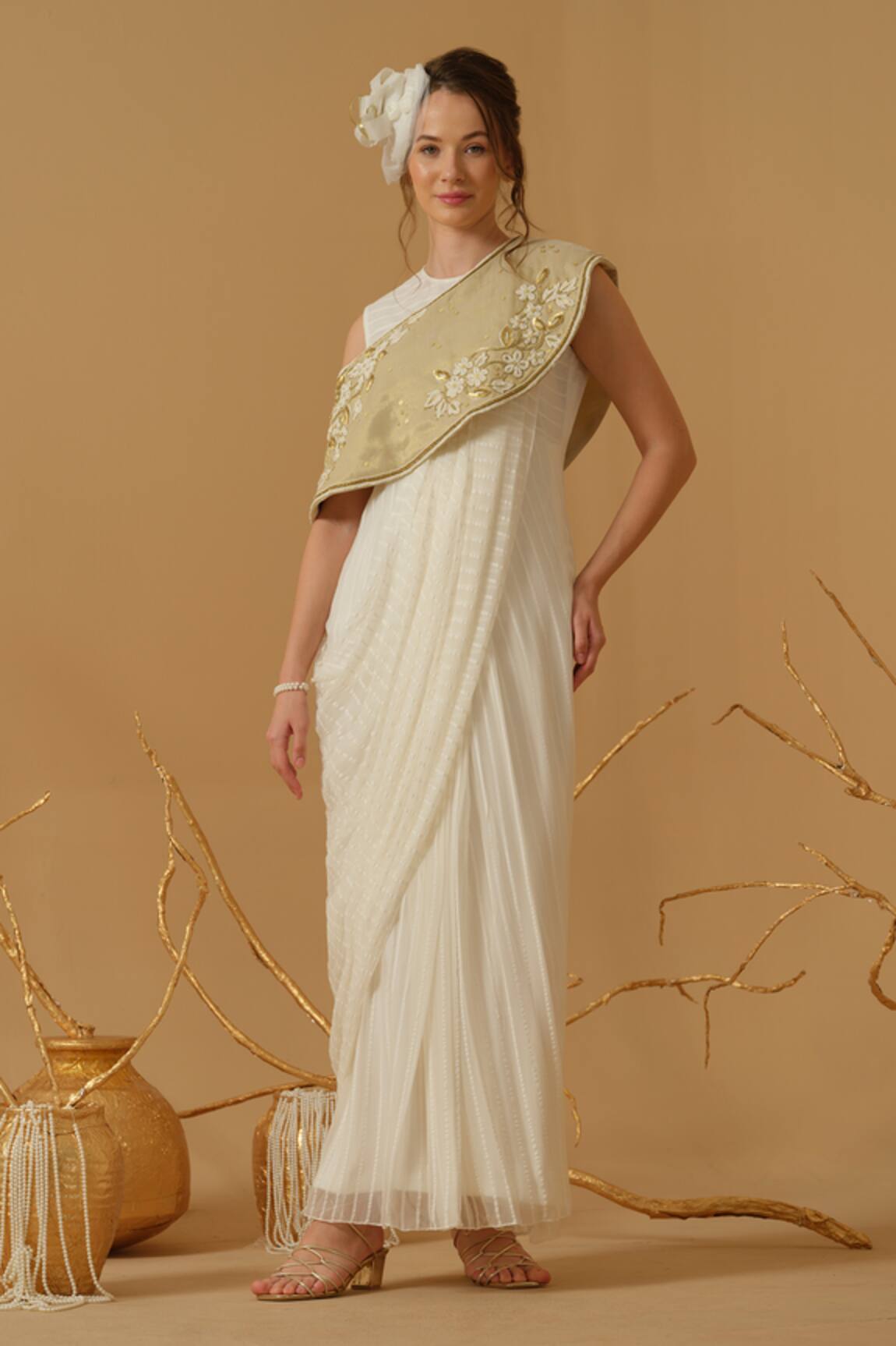 Abstract By Megha Jain Madaan Draped Saree Gown & Embroidered Capelet Set 