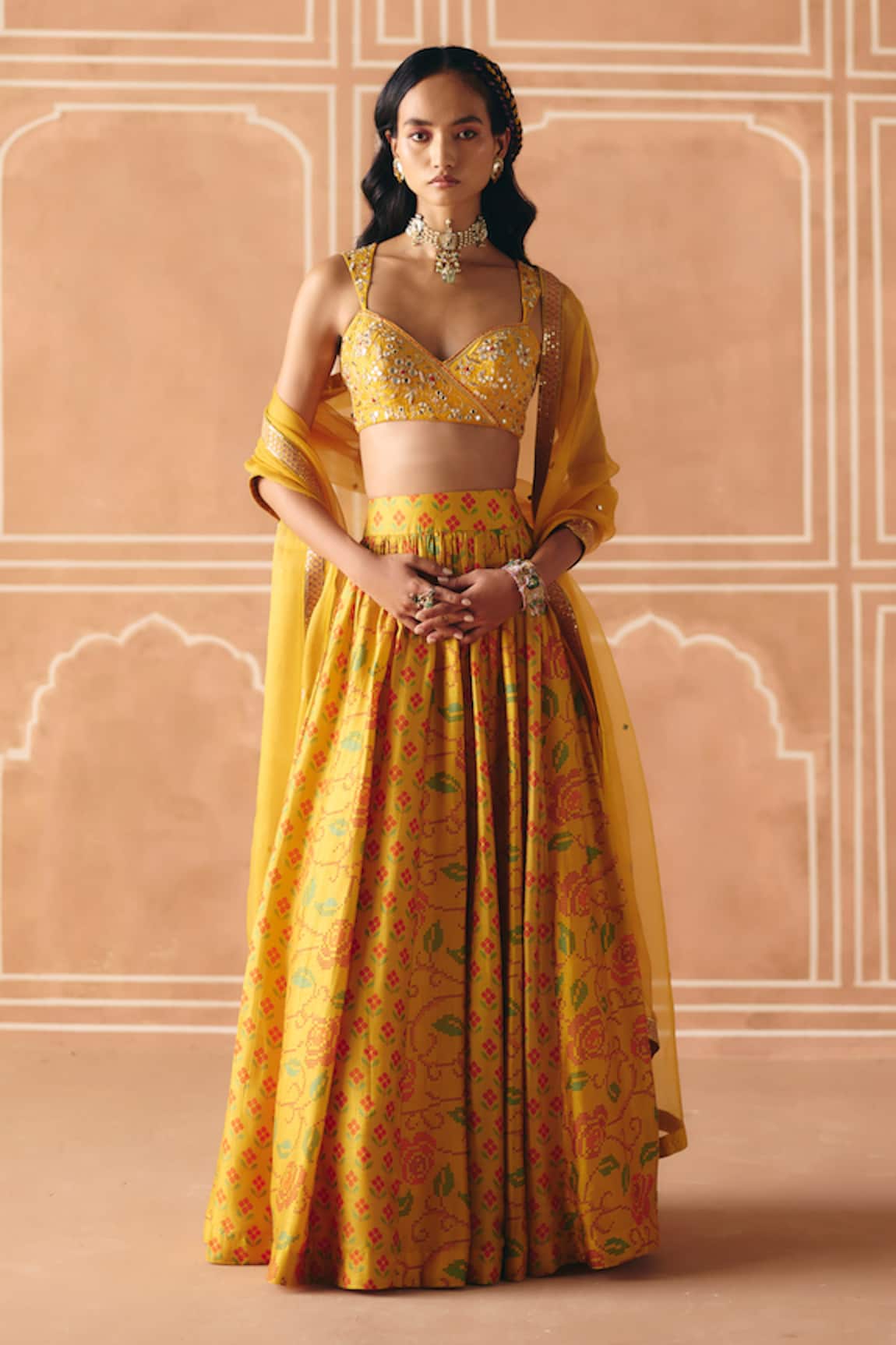 Drishti & Zahabia Cross Stitch Print Gathered Lehenga Set 