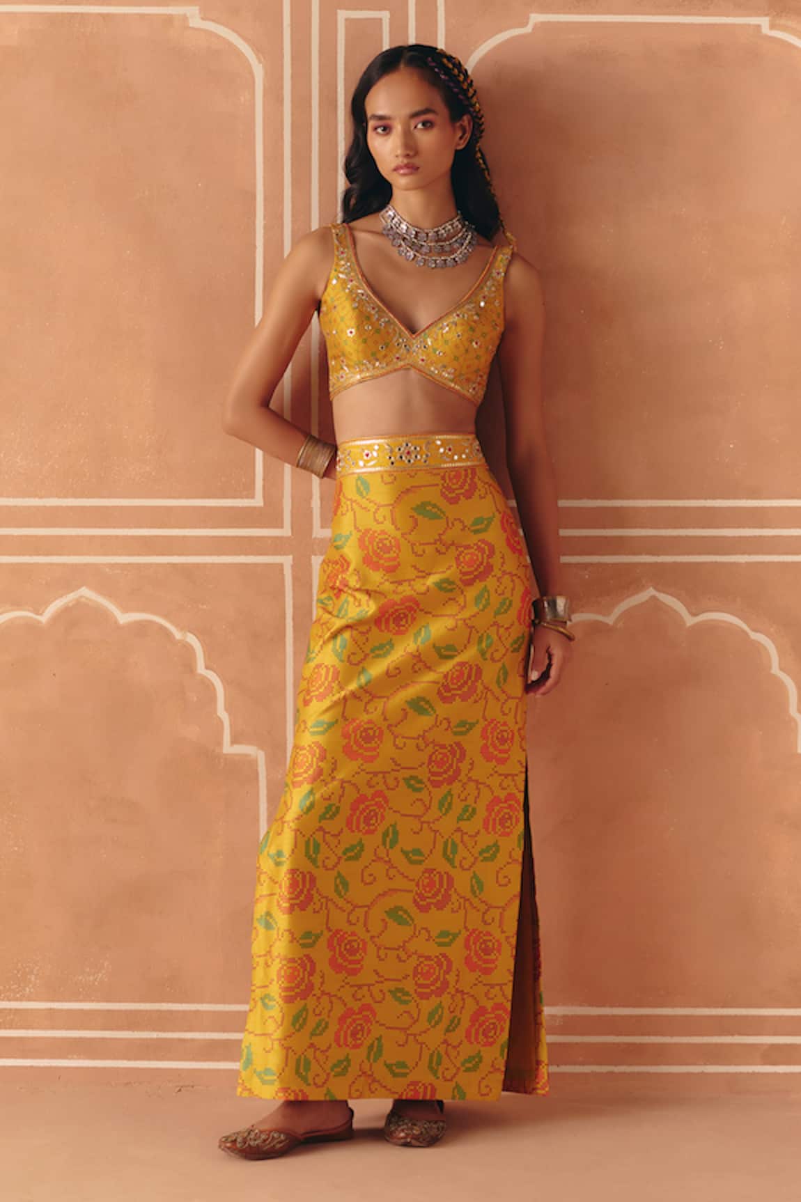 Drishti & Zahabia Cross Stitch Print Skirt With Crop Top 