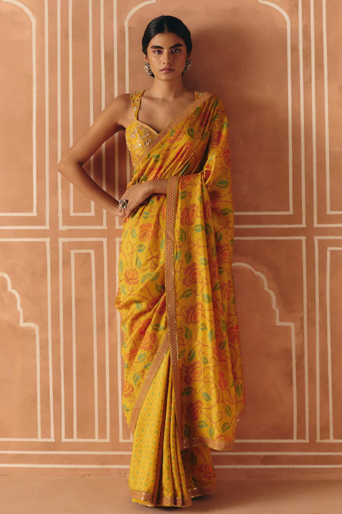 Drishti & Zahabia Floral Cross Stitch Print Saree With Blouse 