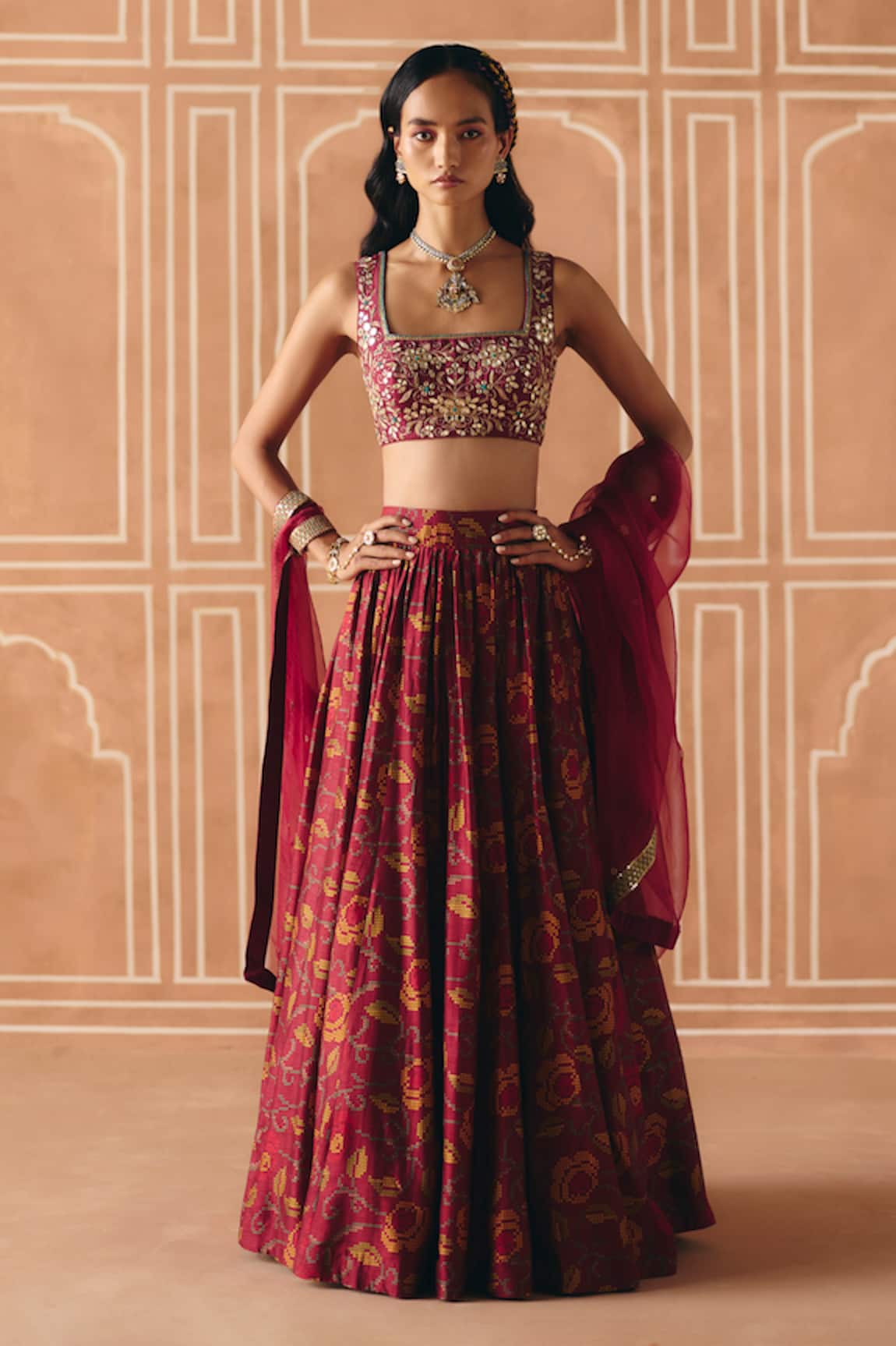 Drishti & Zahabia Floral Cross Stitch Print Lehenga Set 