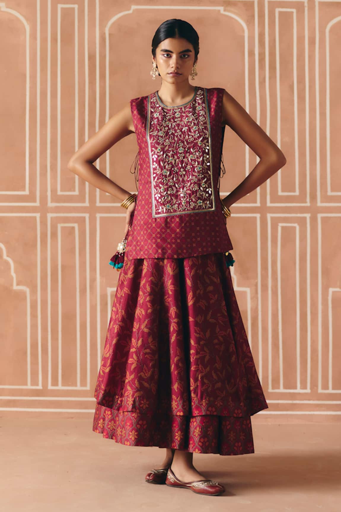 Drishti & Zahabia Floral Cross Stitch Print Cropped Lehenga Set 