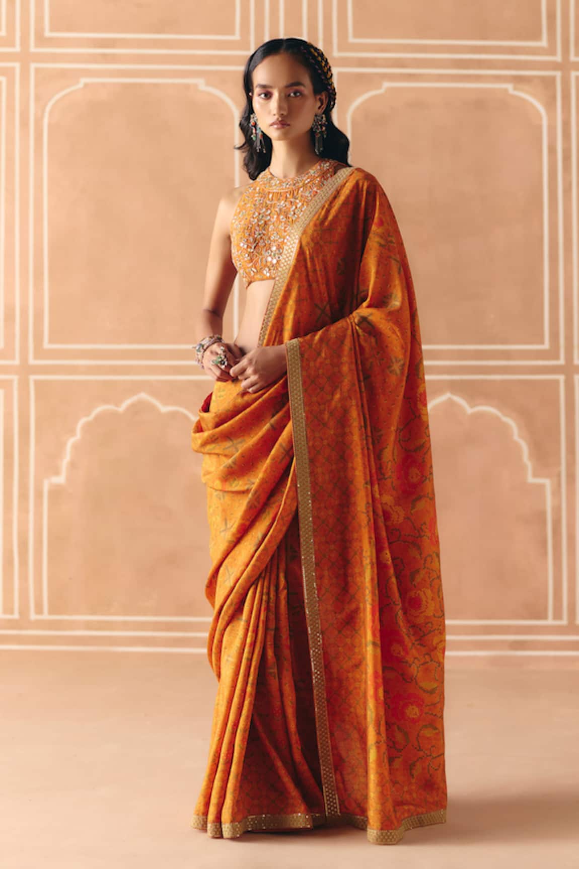 Drishti & Zahabia Cross Stitch Print Saree With Embroidered Blouse 