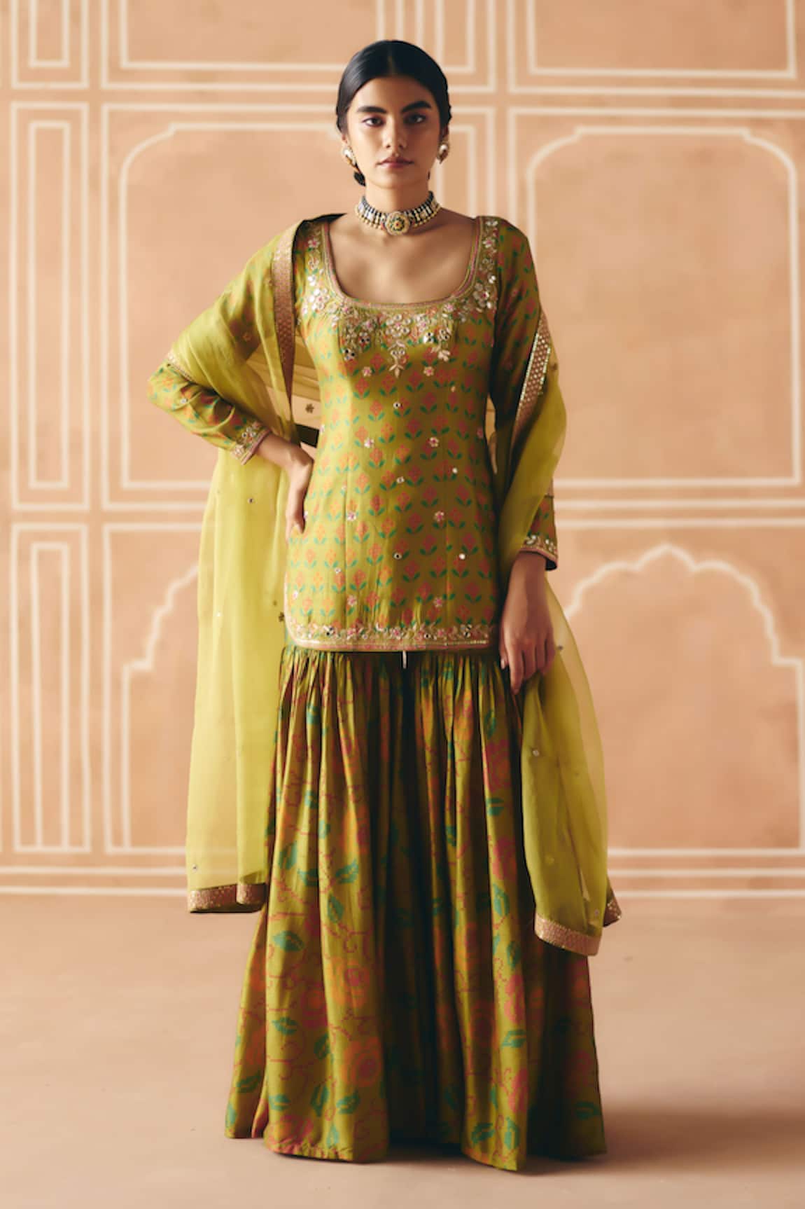 Drishti & Zahabia Cross Stitch Print Kurta Sharara Set 
