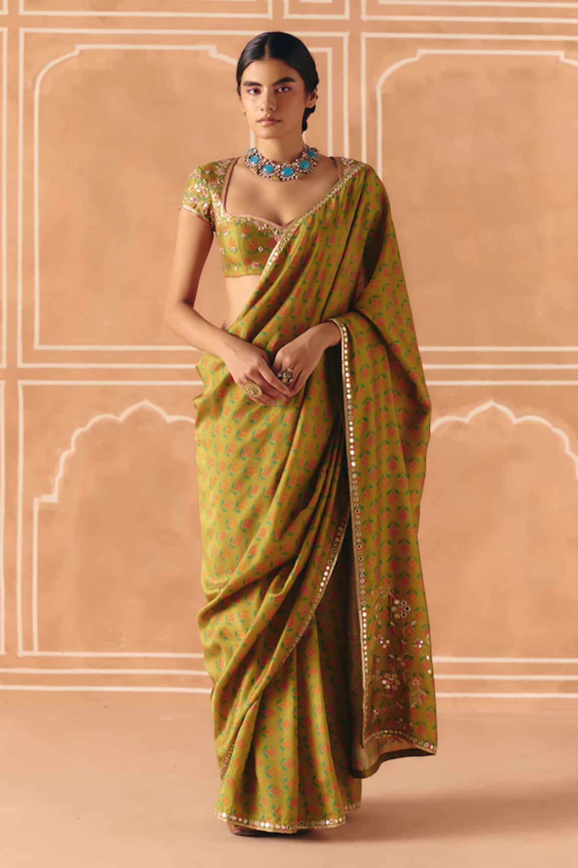 Drishti & Zahabia Cross Stitch Print Saree With Embroidered Blouse 
