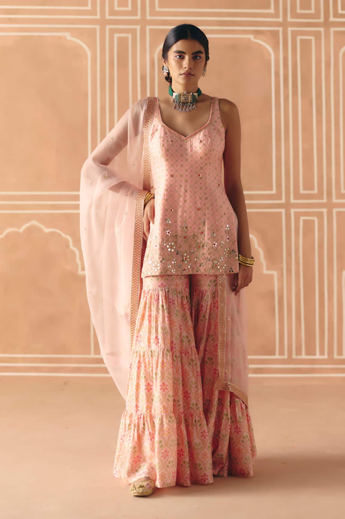 Drishti & Zahabia Cross Stitch Print Tunic Sharara Set 