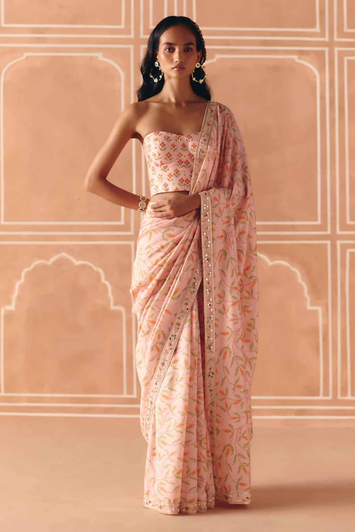Drishti & Zahabia Floral Cross Stitch Print Saree With Blouse 