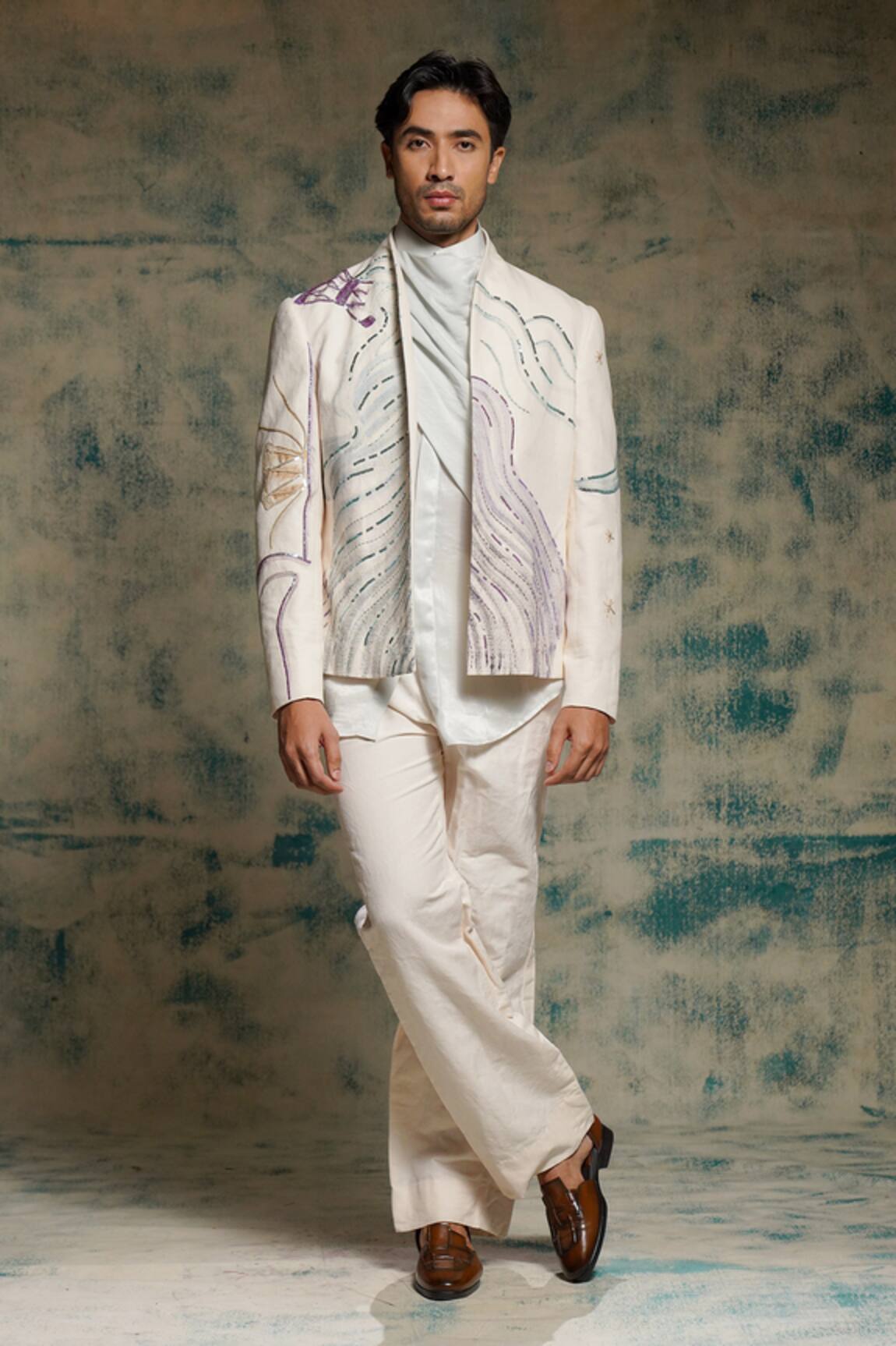 Jatin Malik Apricot Ivory Handpainted Blazer Set 