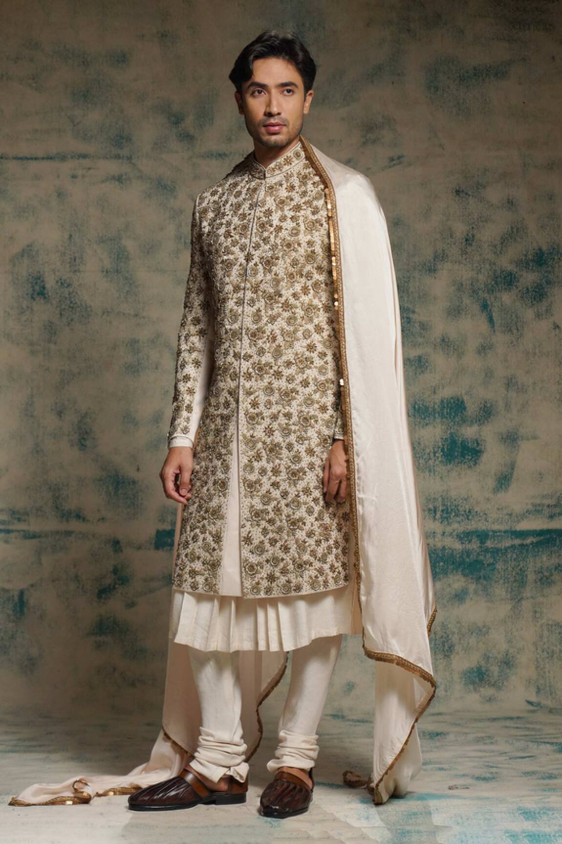 Jatin Malik Apricot Ivory Silk Embriodered Zari Sherwani Set 
