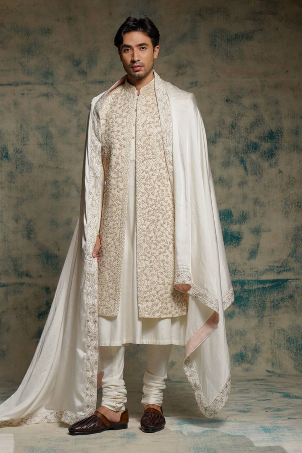 Jatin Malik Ivory Embriodered Pearl Open Sherwani Set 