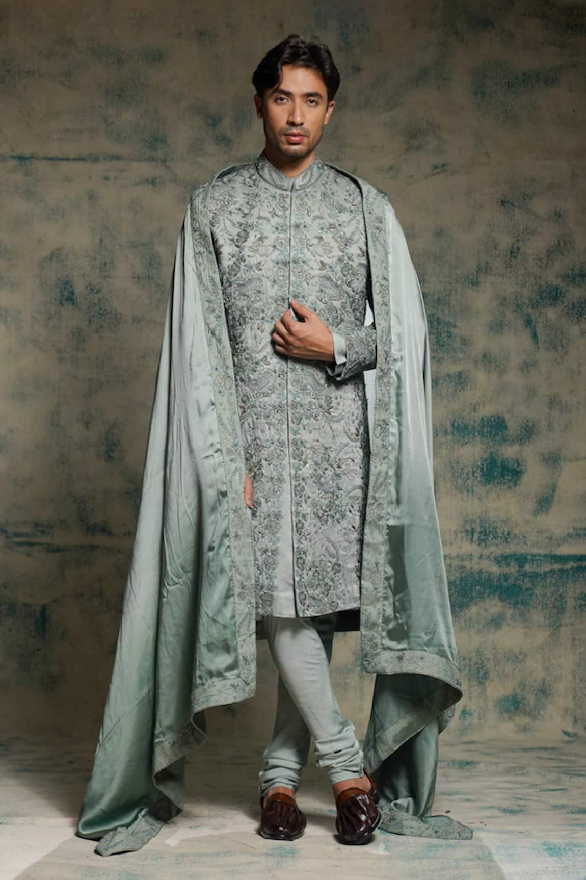Jatin Malik Chateau Gray Hand Embroidered Sherwani Set 